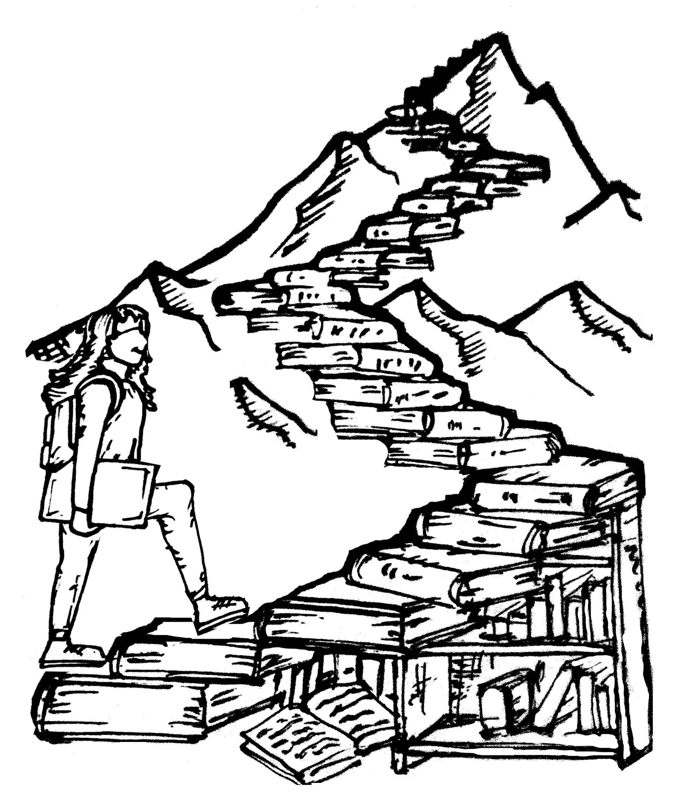 A black and white line drawing depicts a person with a backpack standing in front of a staircase made of books. The person is looking up at the staircase.