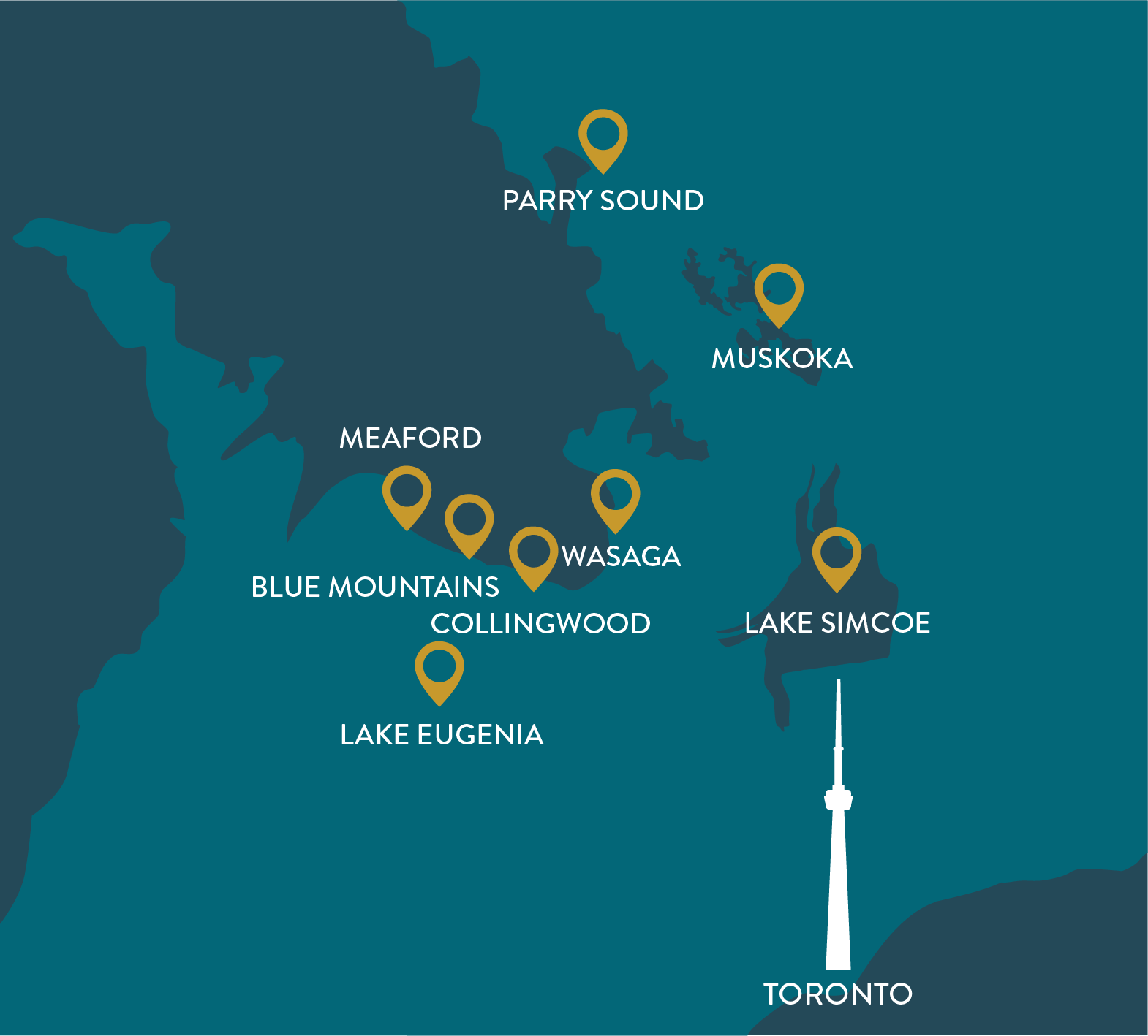 Map of Ontario, Canada, showing lakes and cities including Parry Sound, Muskoka, Meaford, Blue Mountains, Collingwood, Wasaga, Lake Eugenia, Lake Simcoe, and Toronto, marked with pins.