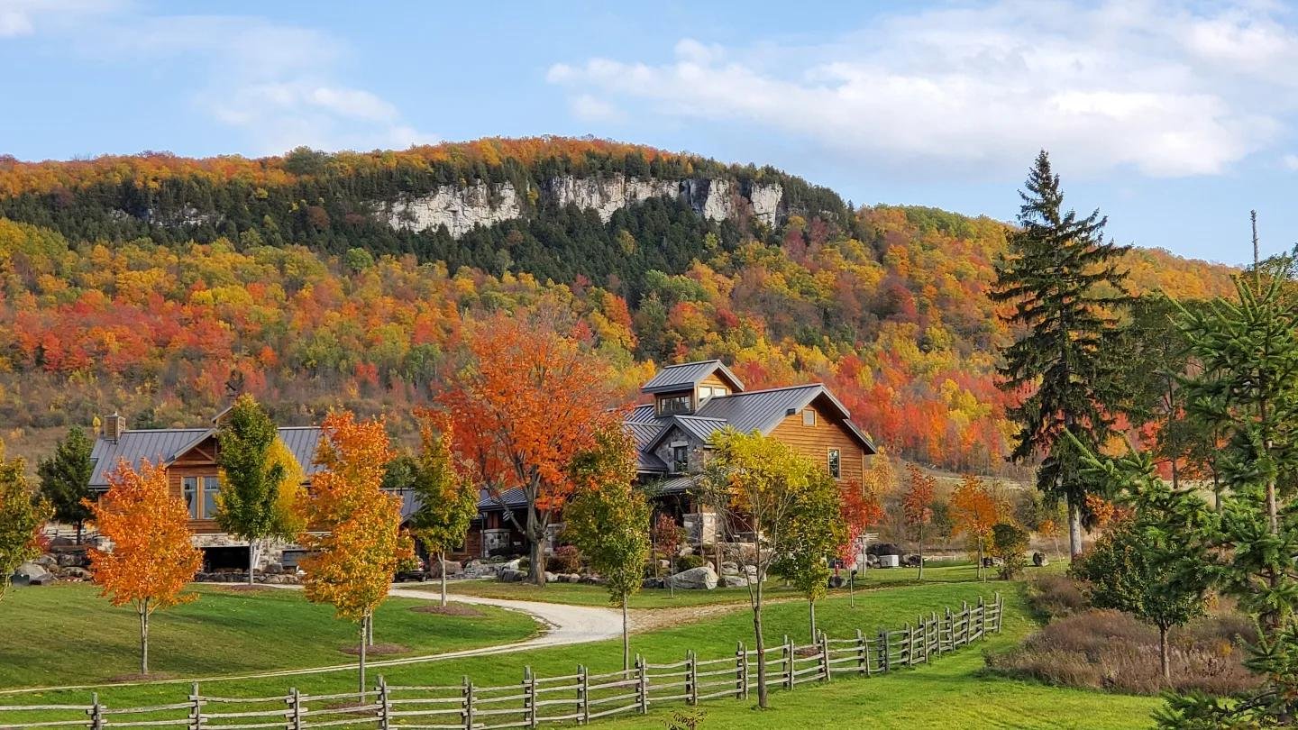 A rural house surrounded by colorful fall trees with a mountain and blue sky in the background.