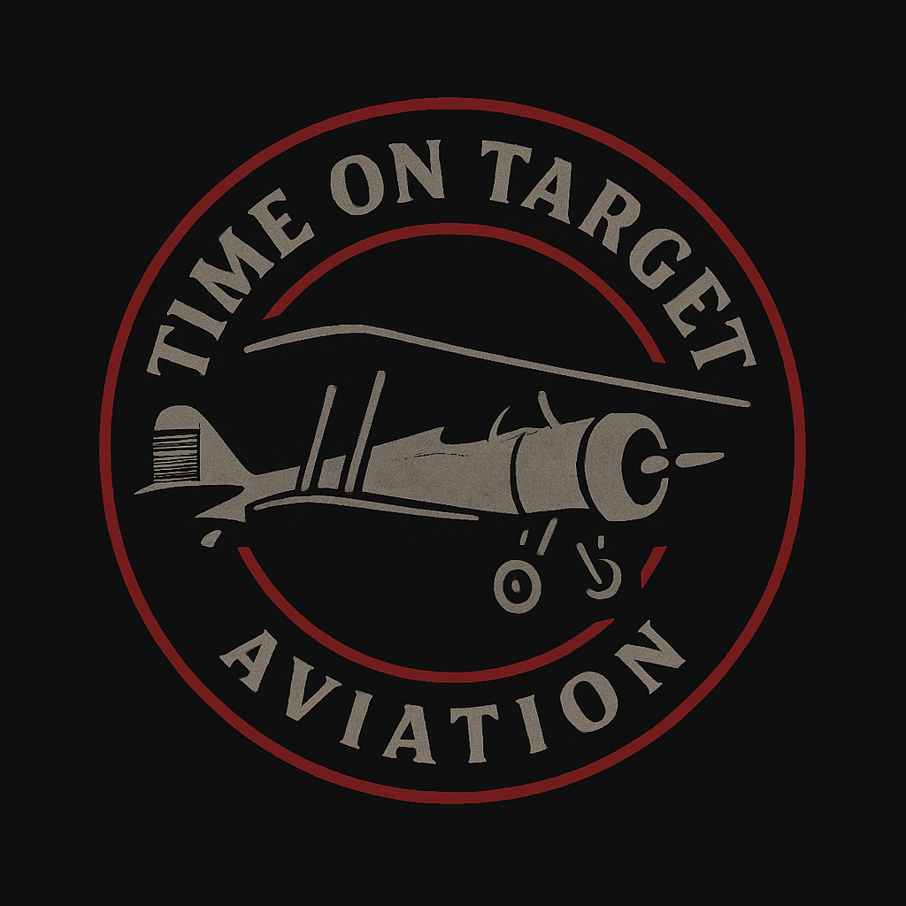 Logo with a vintage airplane and the text "Time on Target Aviation" on a black background.