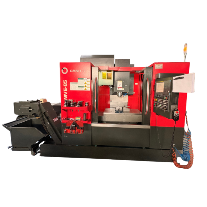 Red CNC milling machine with control panel and tool storage area.