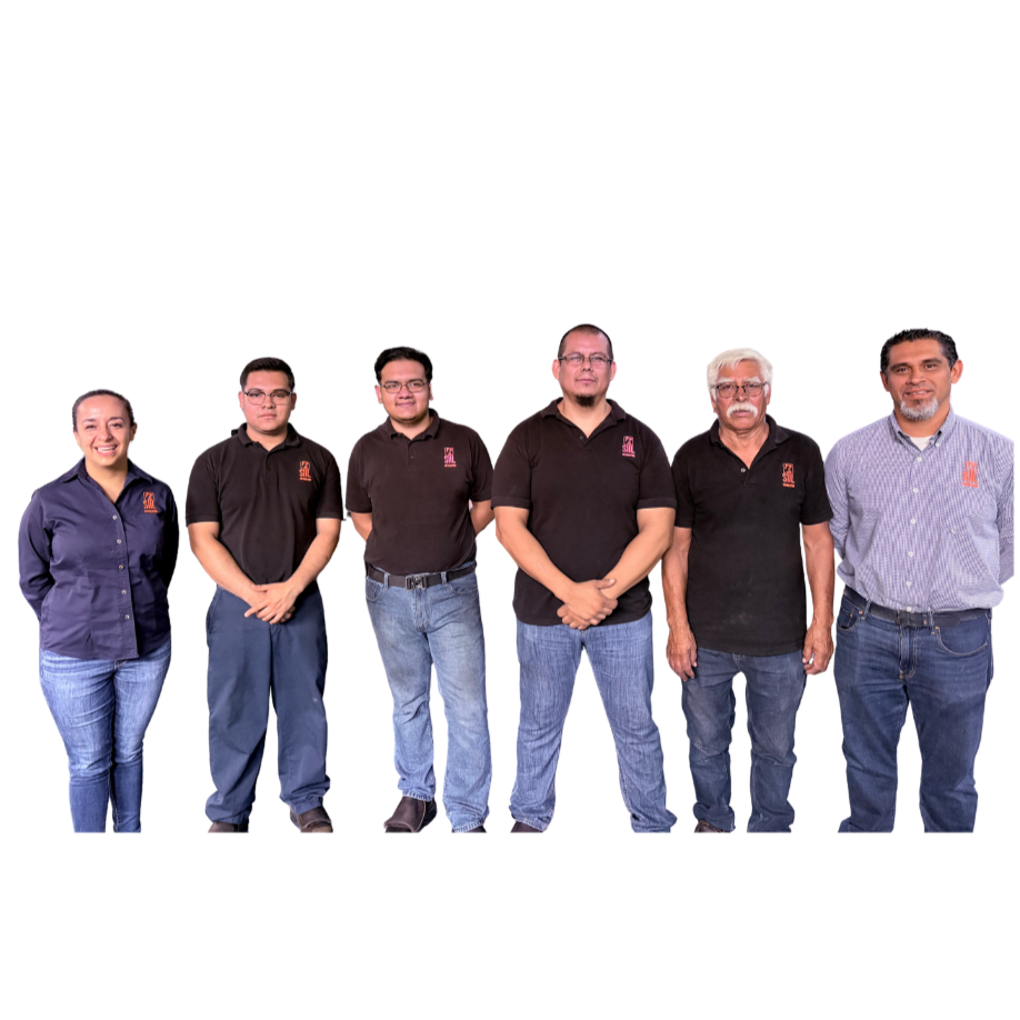 Group of six people standing in a row, wearing casual and company-branded shirts, against a plain white background.