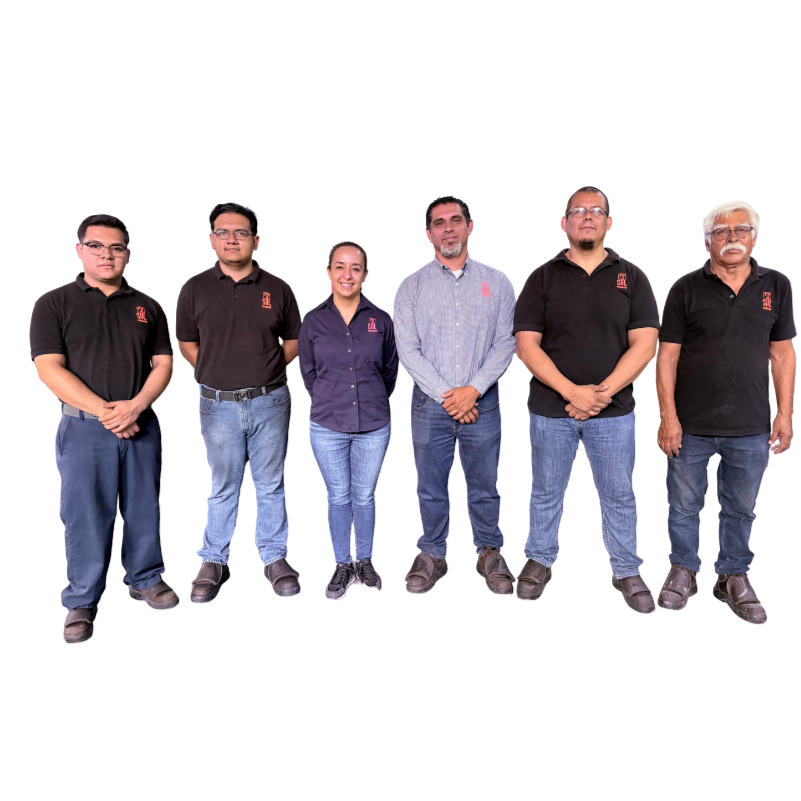 Group of six people standing side by side against a white background.