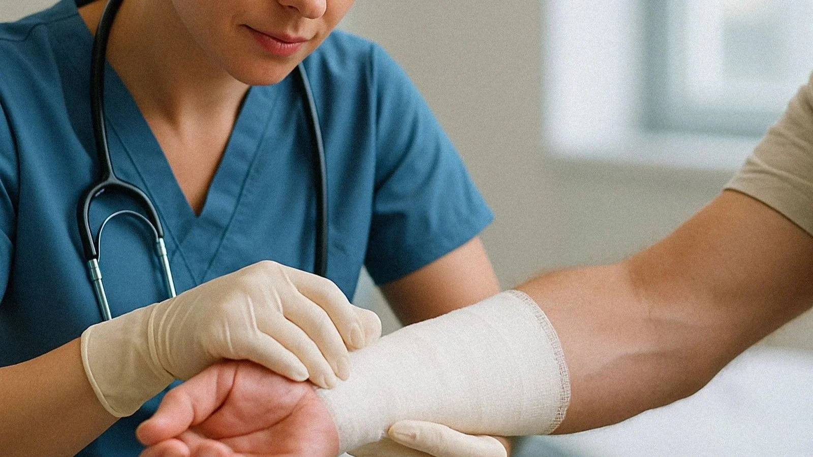 A nurse in blue scrubs and gloves tending to a patient's arm, which is wrapped in a bandage.