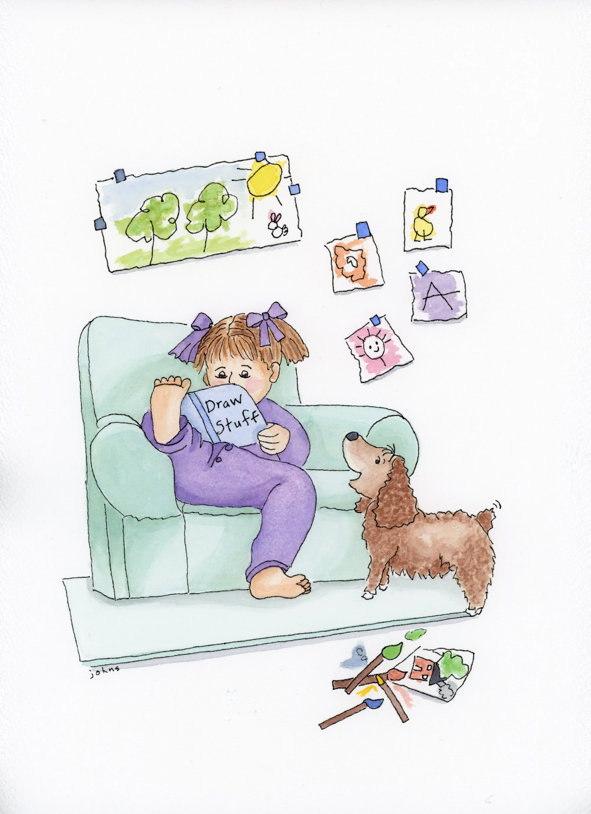 Watercolor of girl artist and her dog