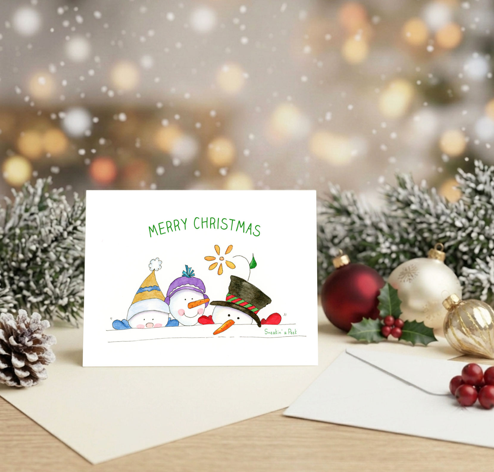 Sneaking' a Peak Snow Family Greeting Cards — Pack of 8, Envelopes Included