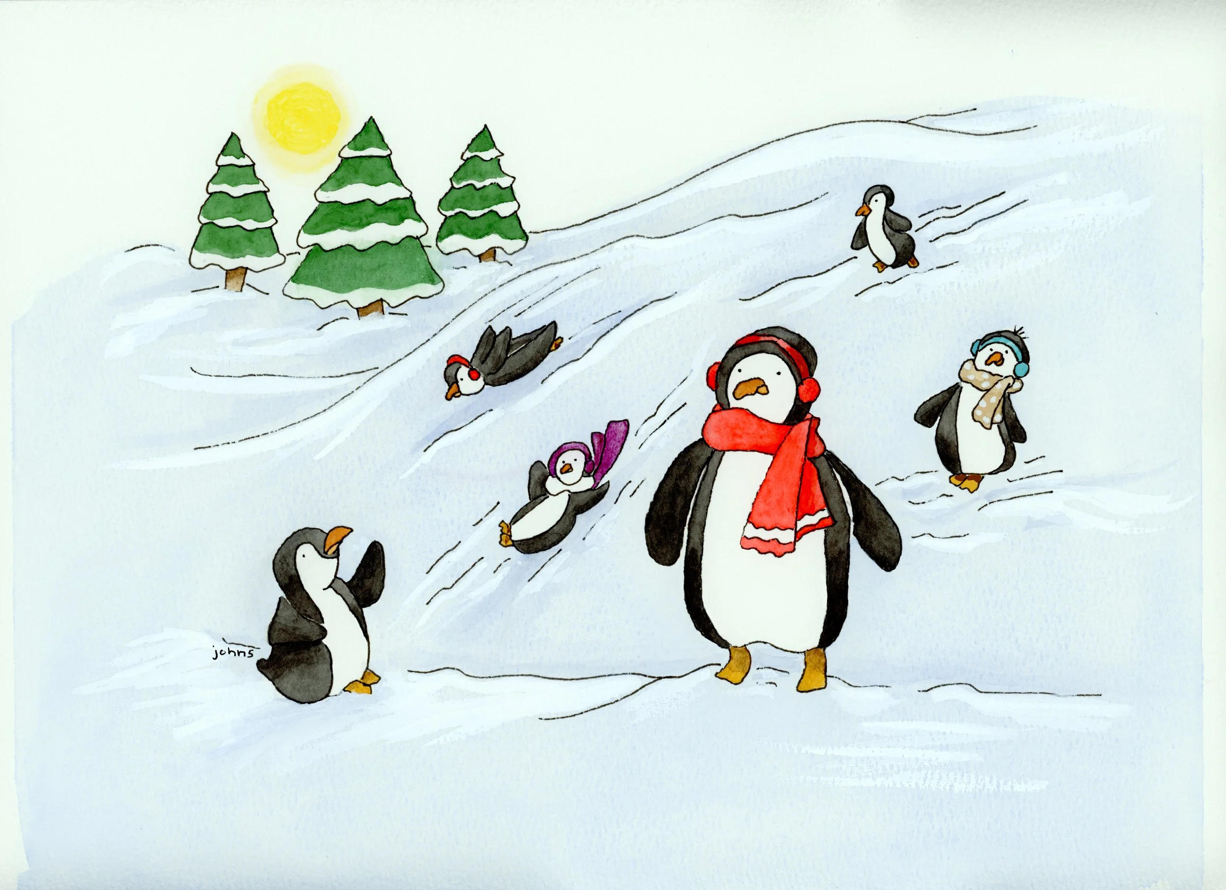 Penguins Sledding Barefoot