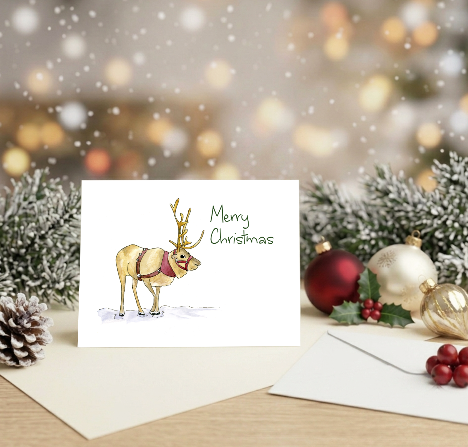 Reindeer Christmas Cards – Set of 8 Cards - Envelopes included