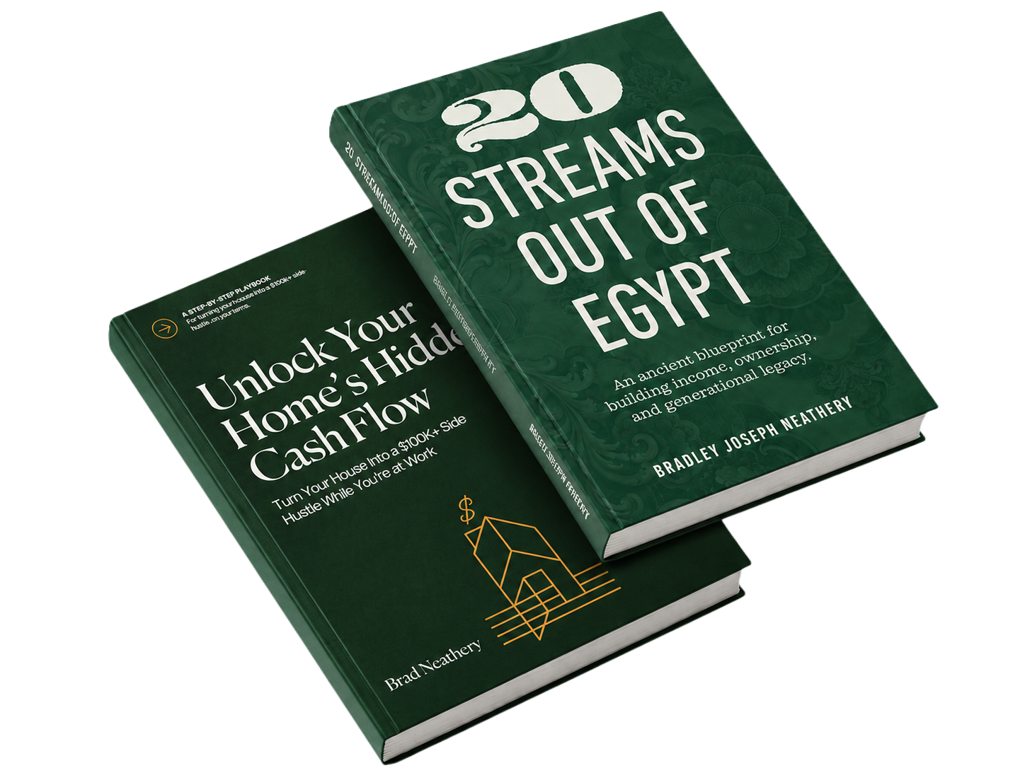 Two green books with white and yellow text, one titled '20 Streams Out of Egypt' and the other titled 'Unlock Your Home's Hidden Cash Flow'.