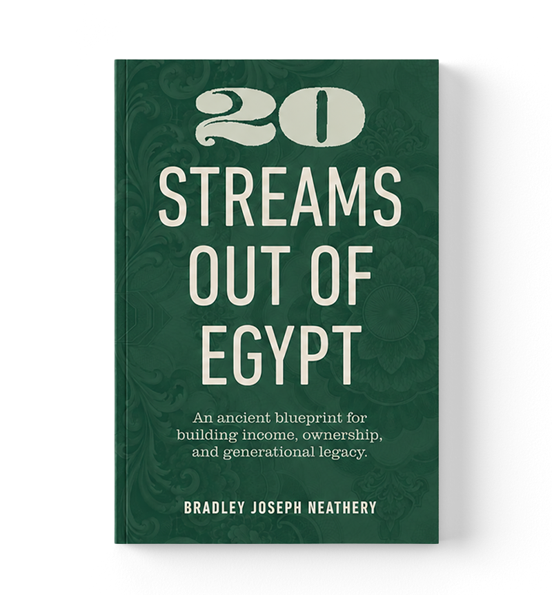 Cover of a book titled '20 Streams Out of Egypt' by Bradley Joseph Neathery, with a green floral background and white text.