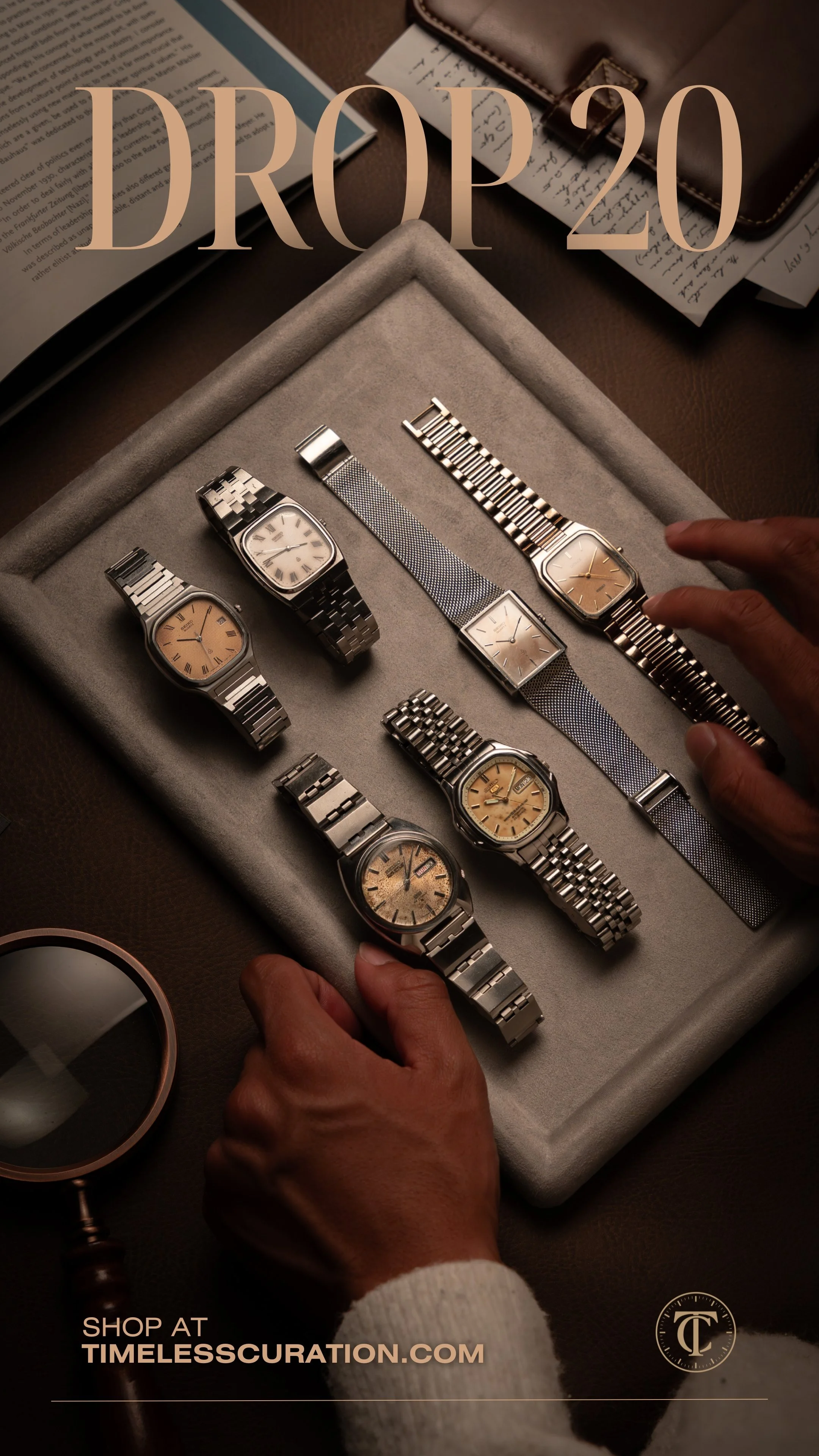 Collection of six vintage-style Seiko watches with metallic bands, displayed on a brown, silky fabric background, promoting their release date on October 3, 2025, and the drop date of October 8, 2025, titled "Midnight Steel," available for purchase at TimelessCuration.com.