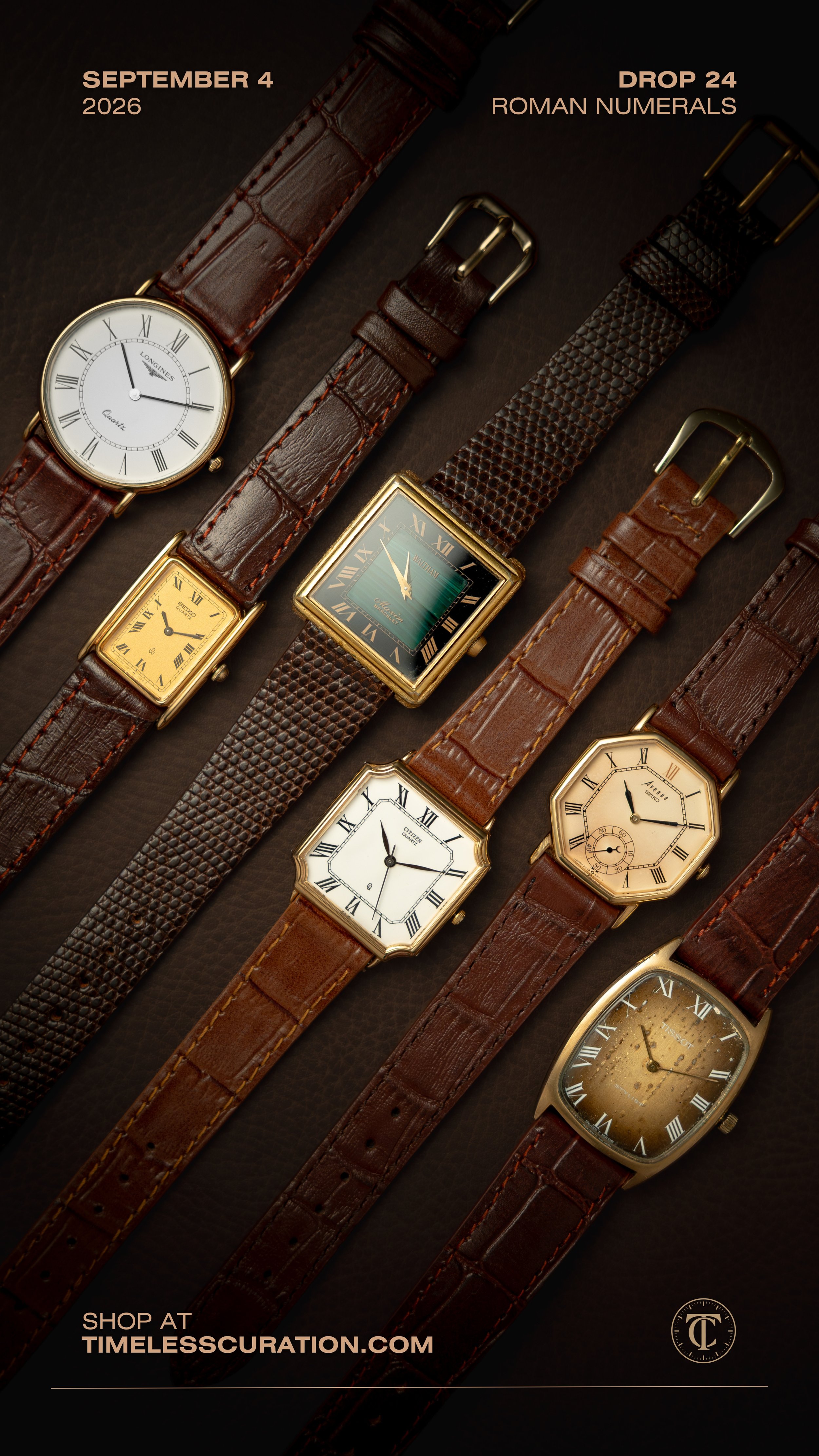 Collection of six vintage-style Seiko watches with metallic bands, displayed on a brown, silky fabric background, promoting their release date on October 3, 2025, and the drop date of October 8, 2025, titled "Midnight Steel," available for purchase at TimelessCuration.com.