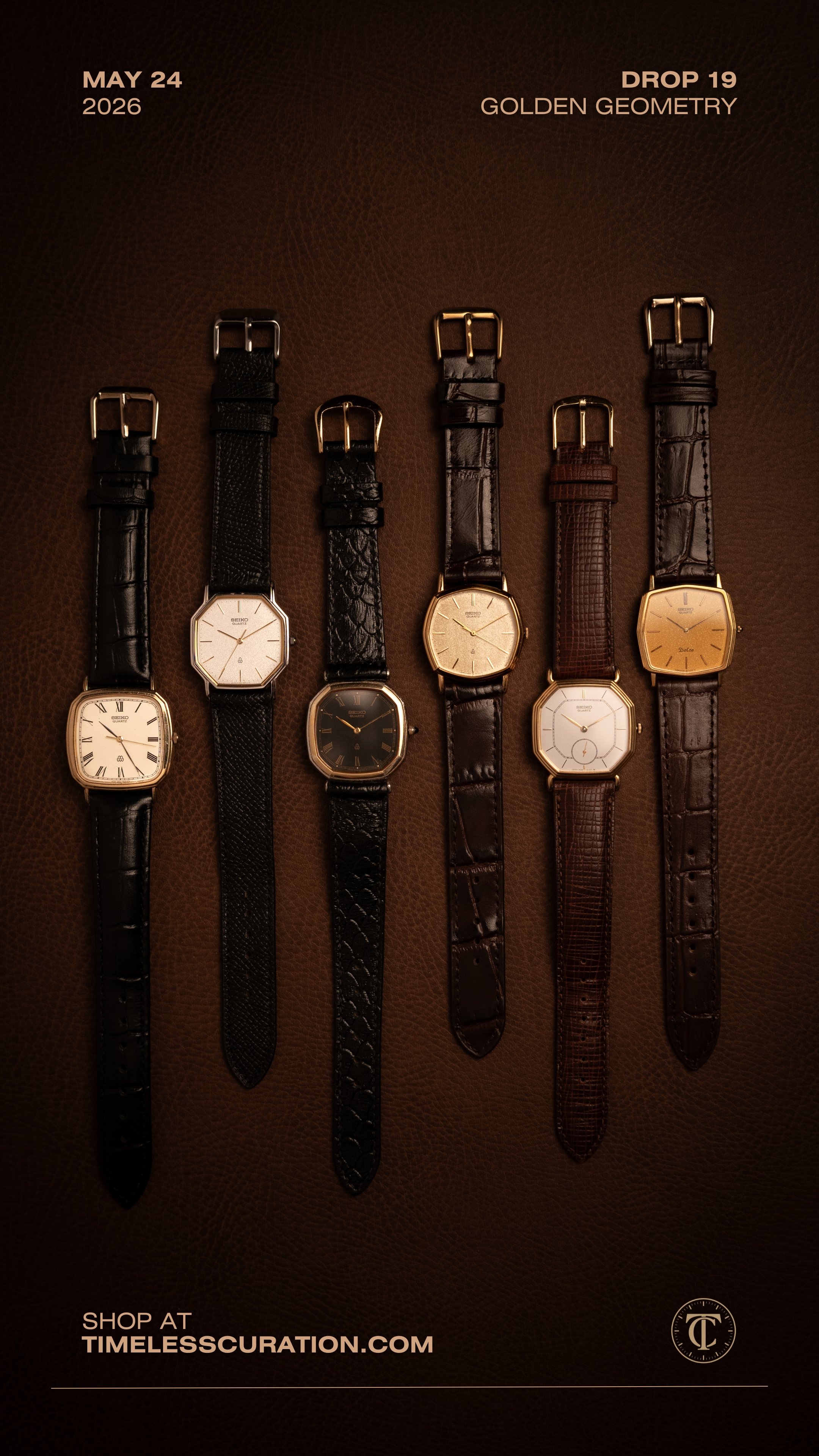 Collection of six vintage-style Seiko watches with metallic bands, displayed on a brown, silky fabric background, promoting their release date on October 3, 2025, and the drop date of October 8, 2025, titled "Midnight Steel," available for purchase at TimelessCuration.com.