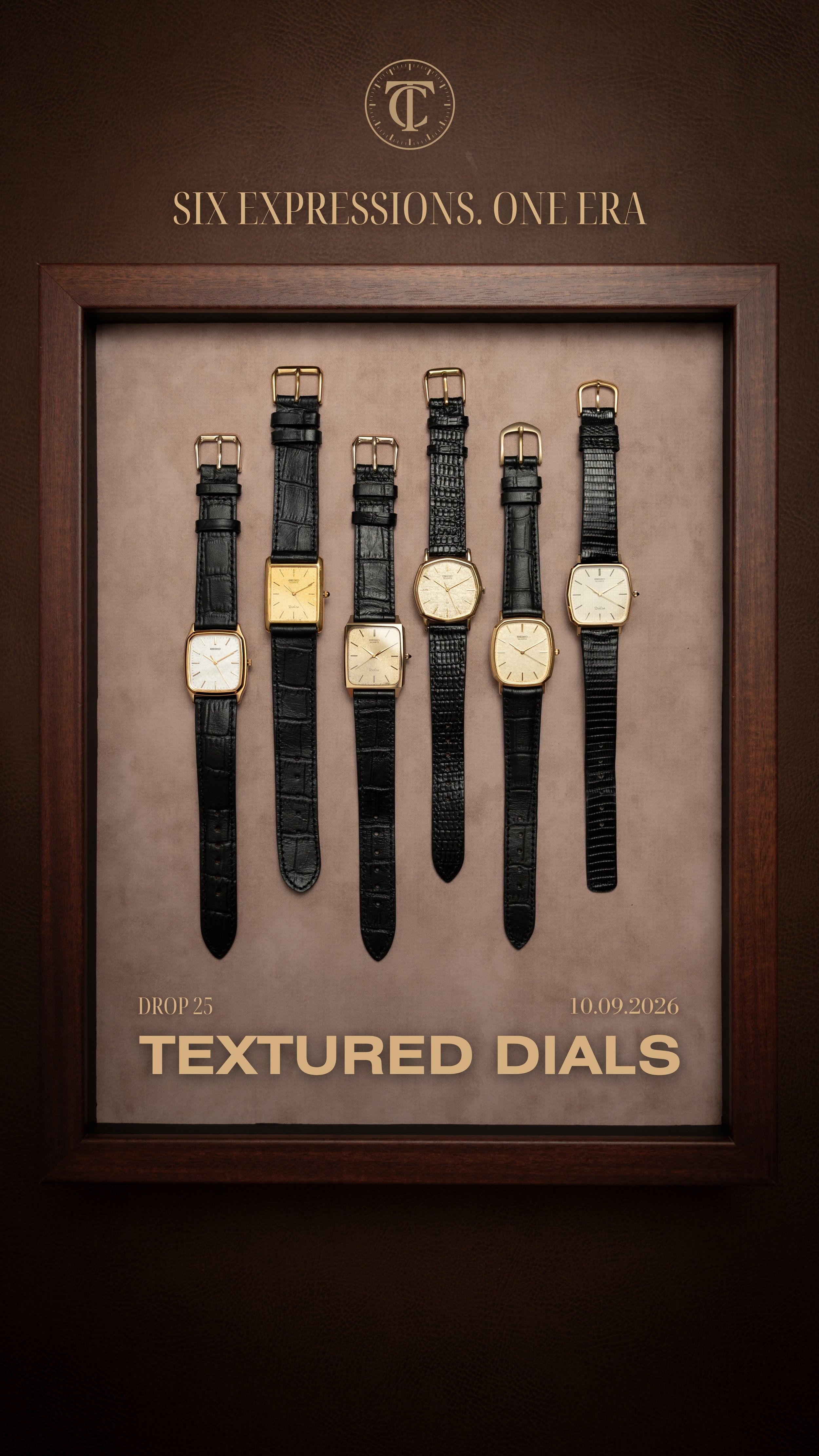 Collection of six vintage-style Seiko watches with metallic bands, displayed on a brown, silky fabric background, promoting their release date on October 3, 2025, and the drop date of October 8, 2025, titled "Midnight Steel," available for purchase at TimelessCuration.com.