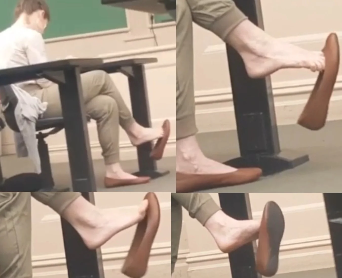 Film 328 - Candid Girl Feet, Brown Flats Dangling Shoeplay in Class
