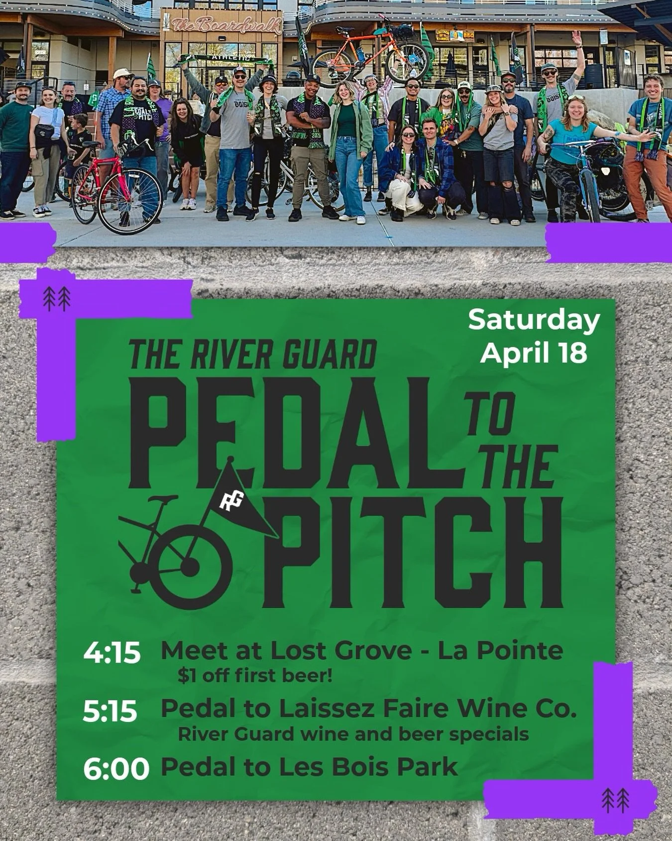 Come Pedal to the Pitch with us! 🚲 

We&rsquo;re avoiding traffic and riding from downtown to Les Bois Park on the green belt. Bring your bicycle, e-bike, scooter, etc. and meet up with us wherever you can along the path! 🛴 

The Route: 📍 
Start: 