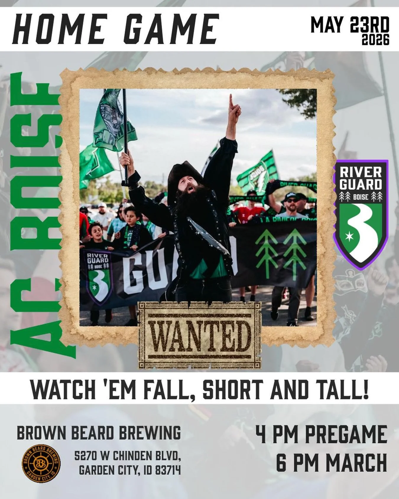 IDAHO IS OUR HOME, River Guards! 🖤💚

Got flags, wave &lsquo;em 🏴&zwj;☠️ 
Got drinks, raise &lsquo;em 🍻 

See you Saturday 👏 

No ticket? No problem. Our Founding Members got you covered. Catch the game at a RG Watch Party:
🍻 Wild Frontier Beer 