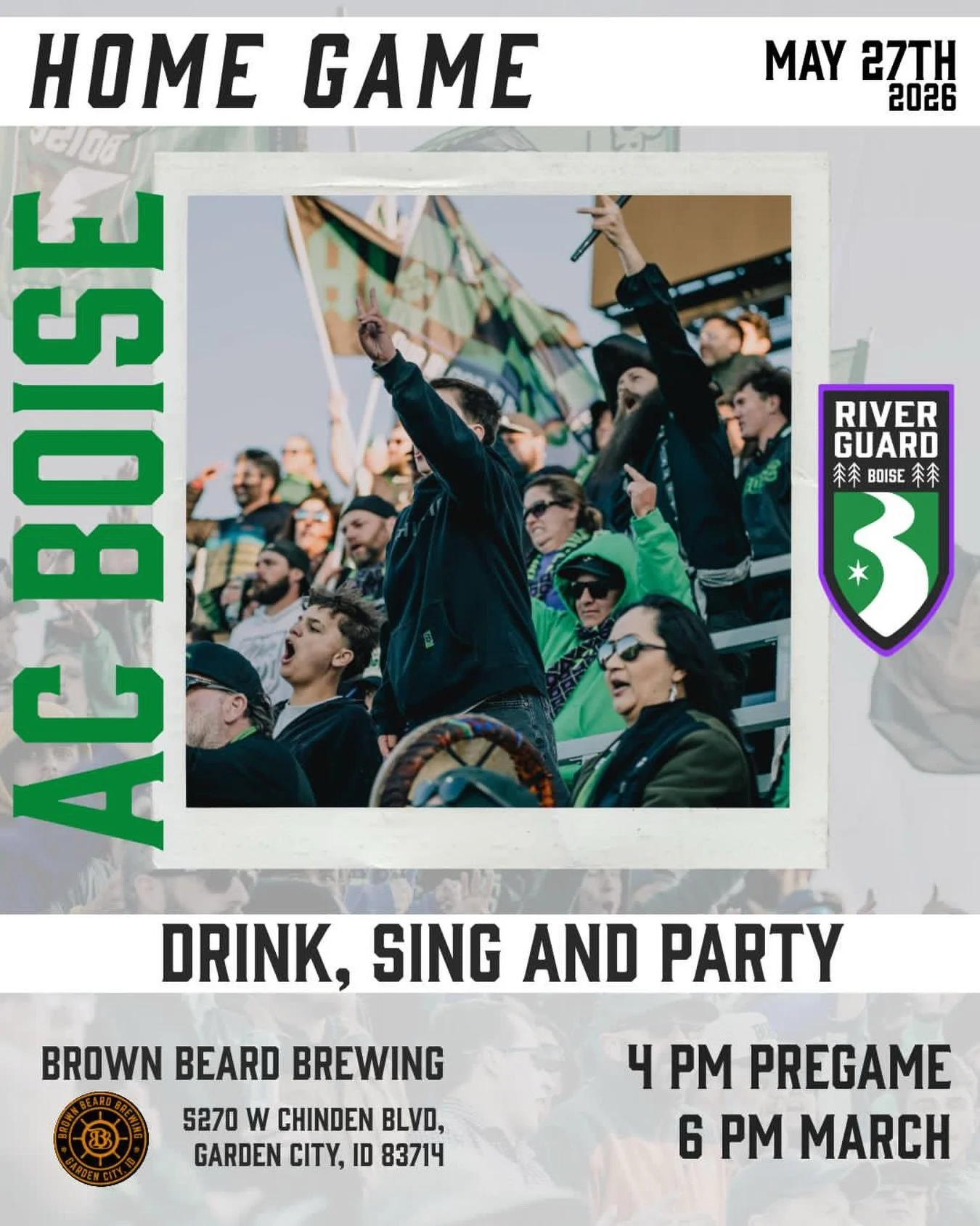 Back at LBP for a midweek match! 🏟️ 

Pack the stands, be loud, support our club. Always forward with AC Boise. 

No ticket? No problem. Our Founding Members got you covered. Catch the game at a RG Watch Party:
🍻 Wild Frontier Beer Project
🍷 Laiss