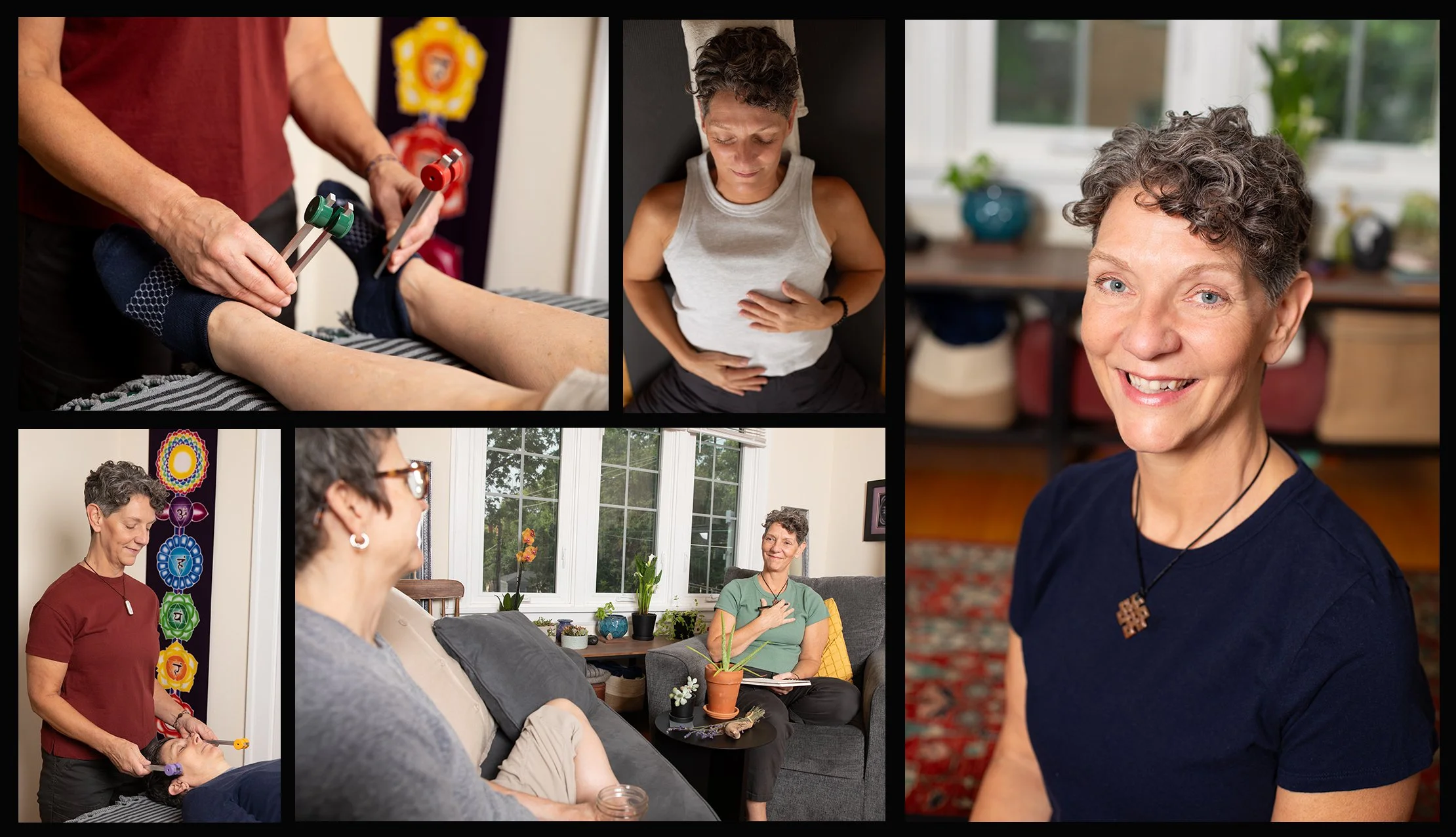 Wellness leader and therapist photos, headshot and portrait of her working with client 