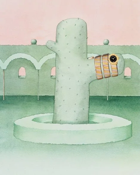 A green cactus-shaped fountain with a clock on its side, situated on a grassy area in front of a pink building with arches.