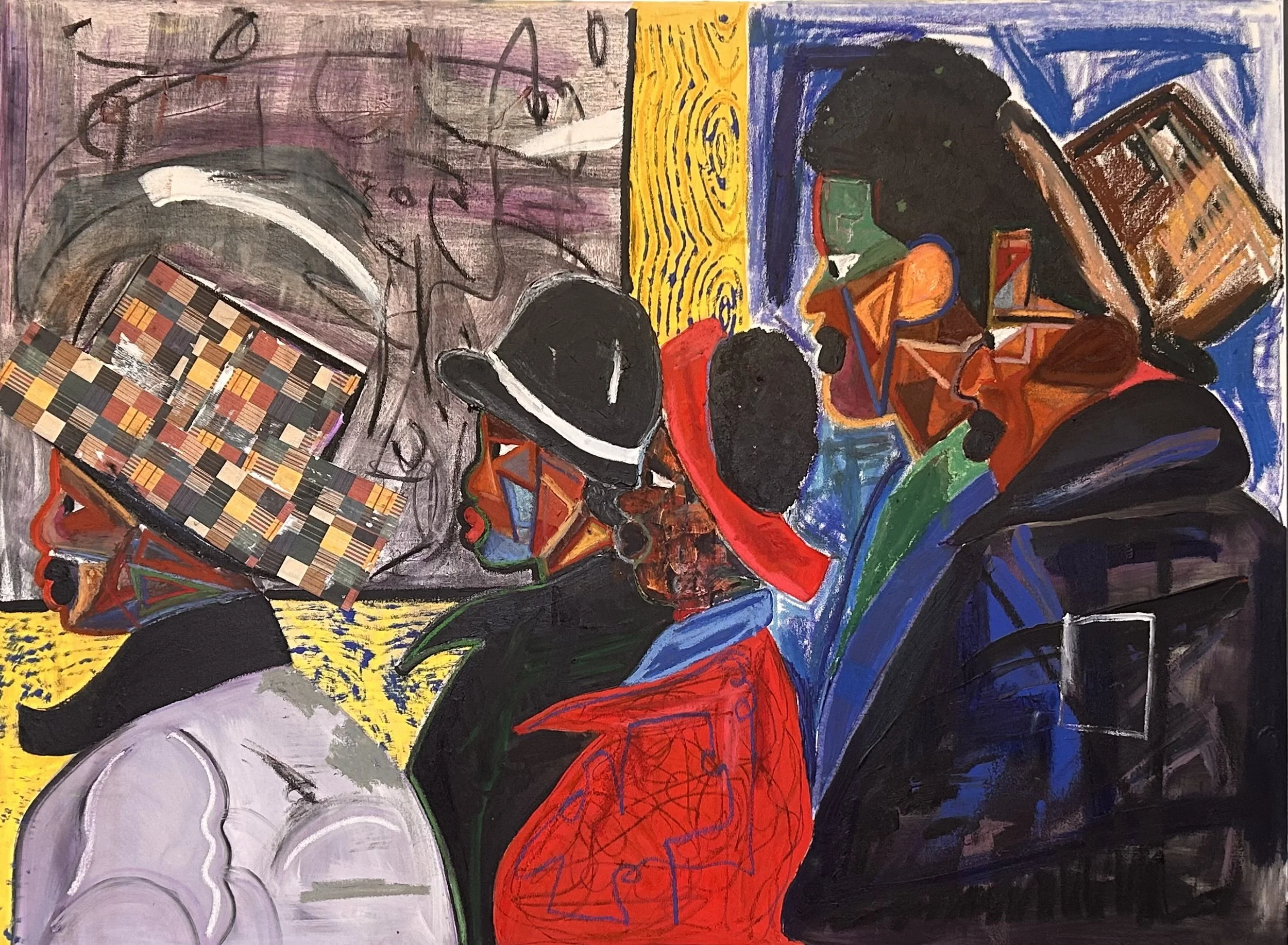 Abstract painting of five figures in profile, with varied colors and geometric shapes, including a figure with a checkered hat and a figure with a red face covering, set against a background with yellow, purple, and blue sections.