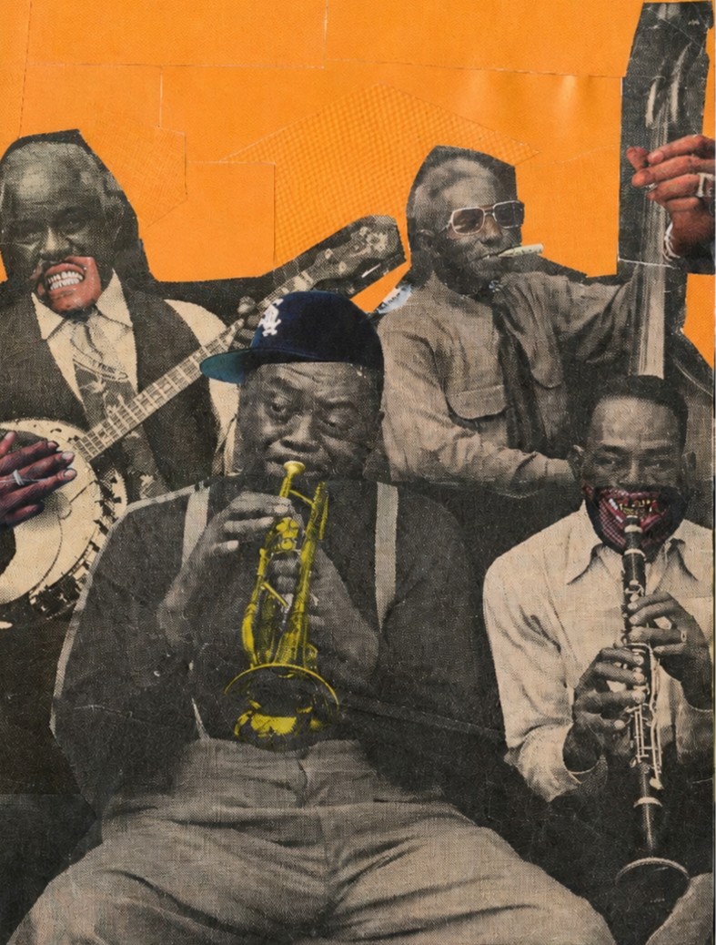Black and white images of jazz players with an orange background