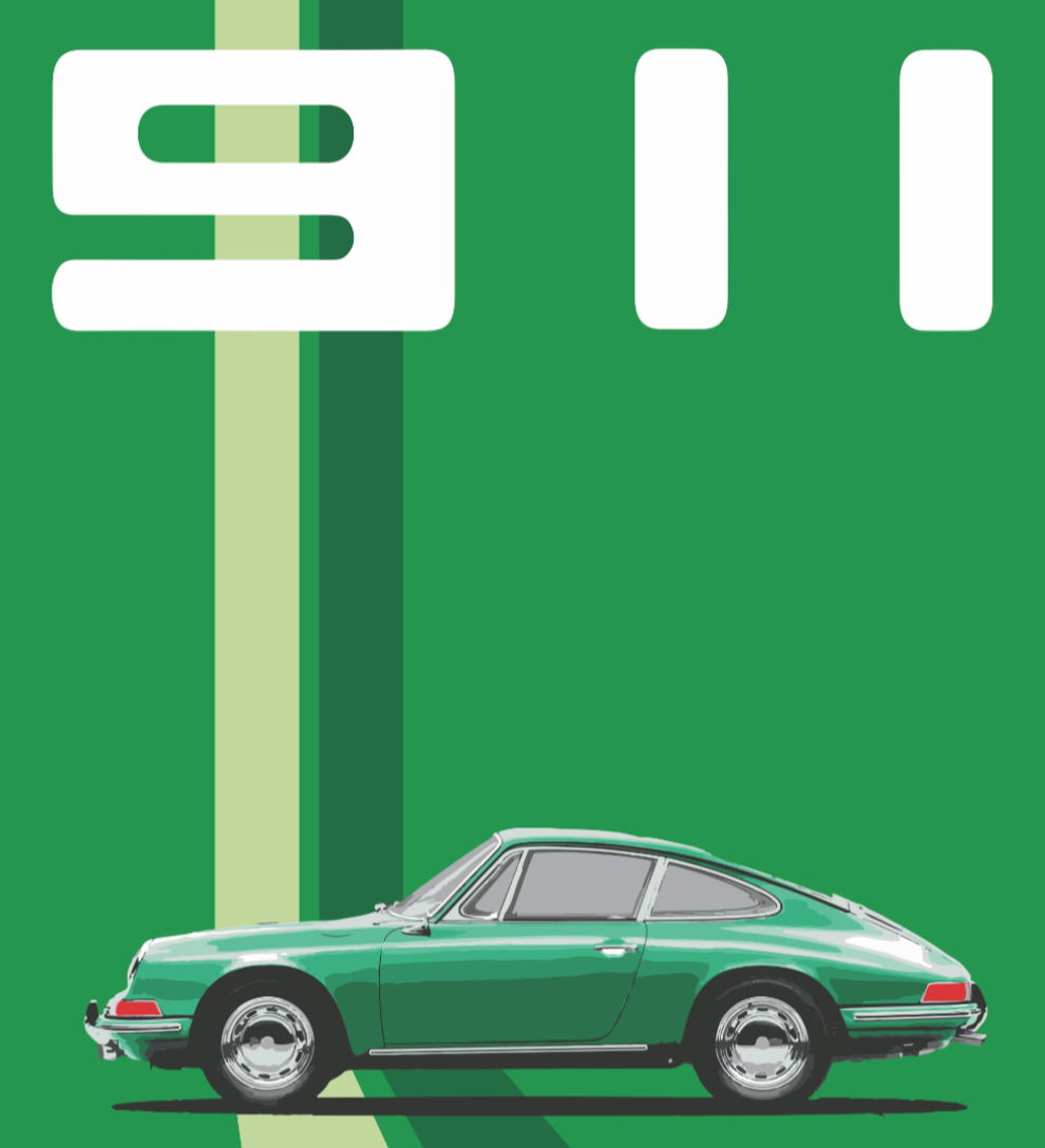 A green vintage Porsche car is shown with a large white electrical plug and the word '911' on a green background.
