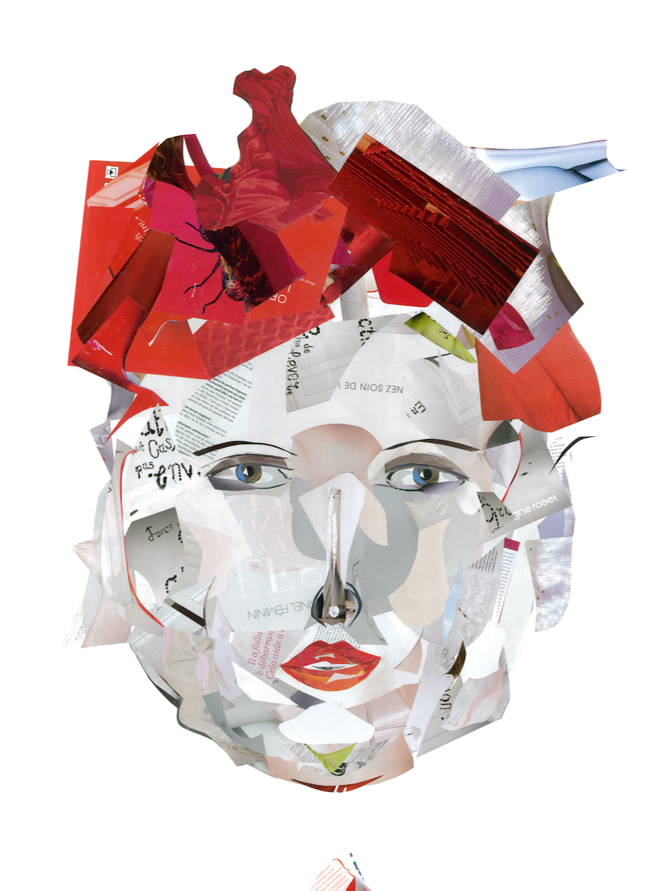 Collage of paper scraps arranged as a human face with hair, eyes, nose, and lips.