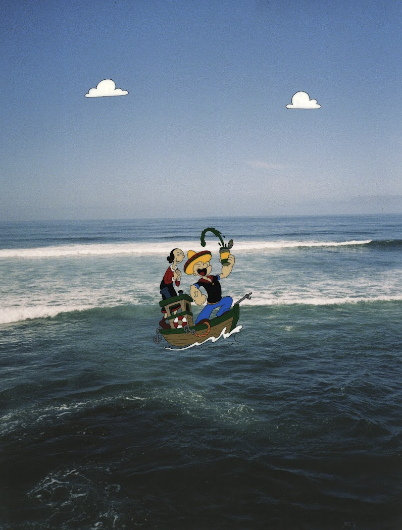 Ocean with cartoon characters in a boat