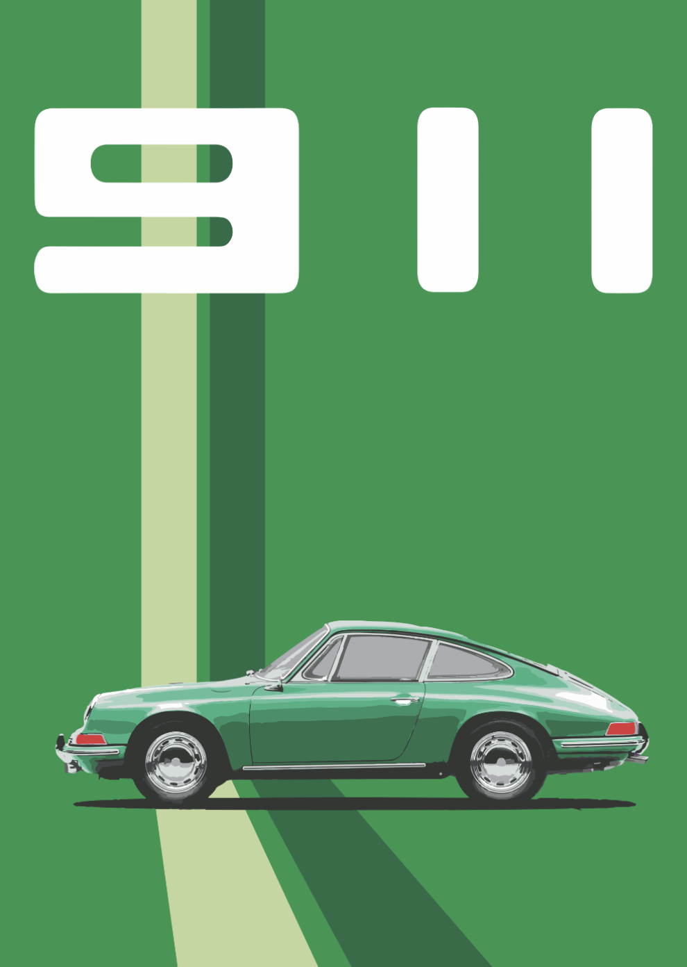 Illustration of a green vintage sports car on a stylized green background with a highway sign displaying the word the number '911'.