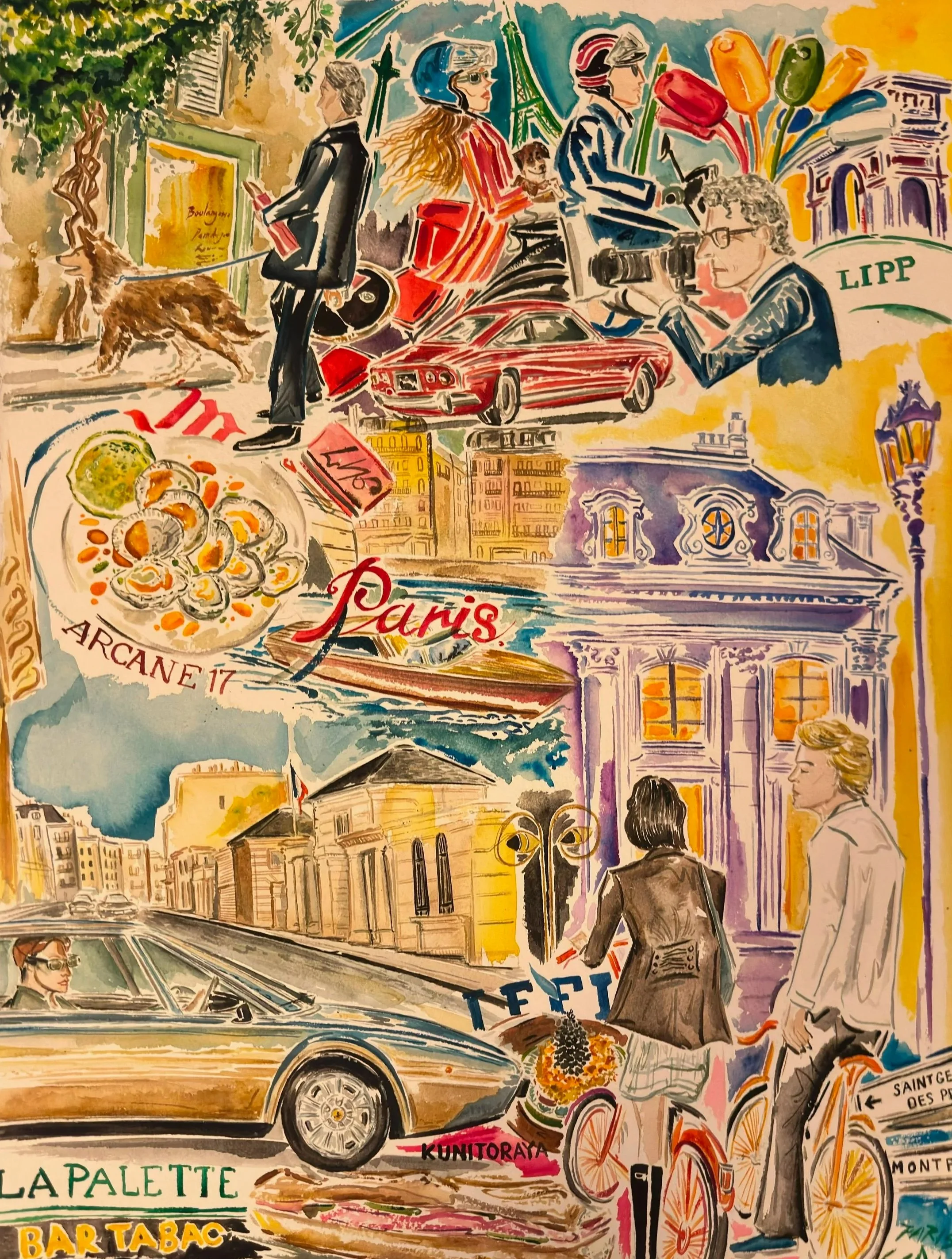 Watercolor painting of a Paris street scene, featuring people walking, a vintage red car, a person with a camera, bicycles, and iconic Paris landmarks such as the Eiffel Tower. There are also scenes of food, flowers, and buildings, with signs for La Palette, Bar Tabac, and other locations.