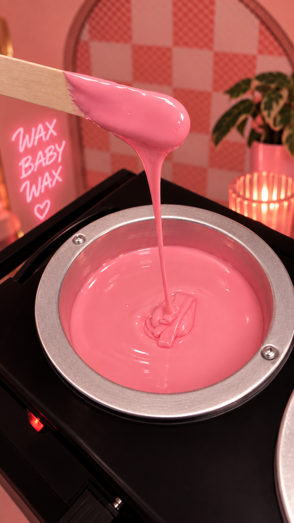 Pink wax melting in a wax warmer, with a pink-painted popsicle stick lifting the wax. In the background, a pink and white checkered wall, a plant, and a neon sign that says 'WAX BABY WAX' with a heart.