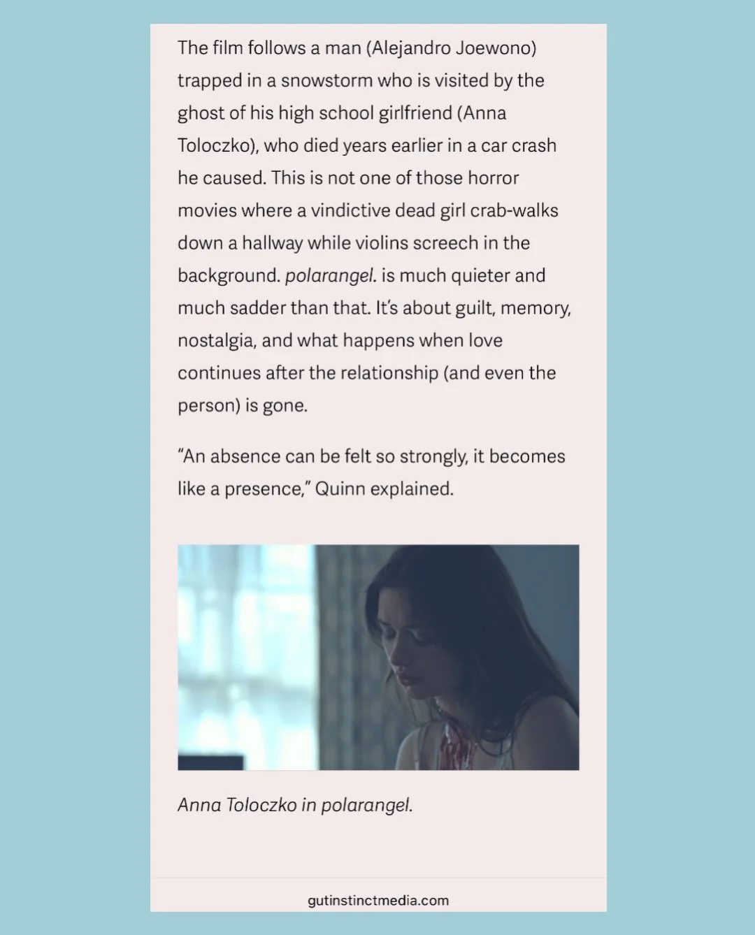 An eloquent article by @gutinstinctmediaco about the enchanting director @katherine_mj_quinn . In the article it talks about her vision for the project Polarangel ( which I was so pleased to be in) as well as her work and aesthetics, and overall meth