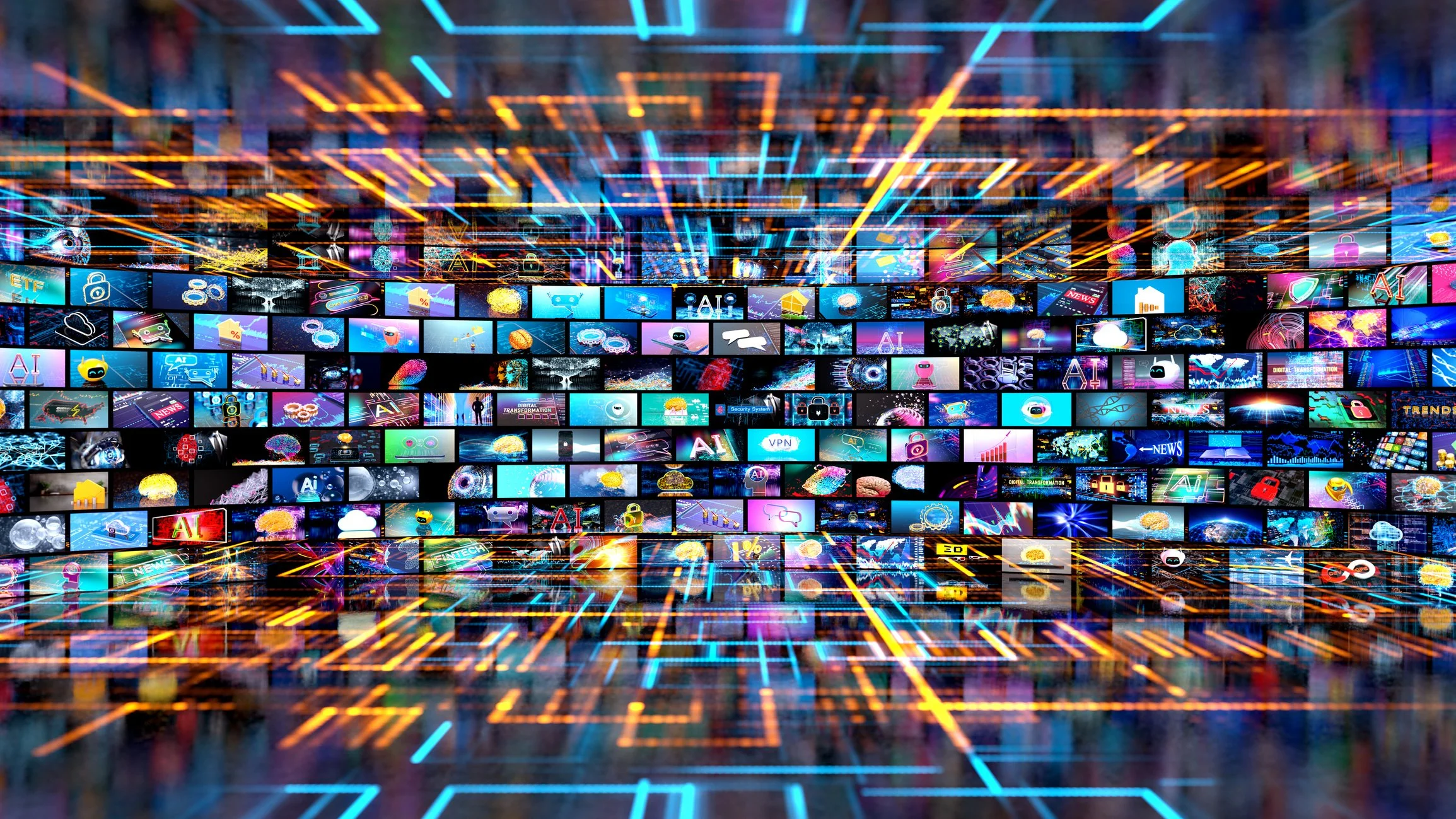 Futuristic digital display with numerous small screens showing icons and symbols related to technology and artificial intelligence, with colorful light trails creating a sense of motion.