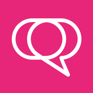 Icon of two overlapping speech bubbles inside a speech bubble with a pink background.
