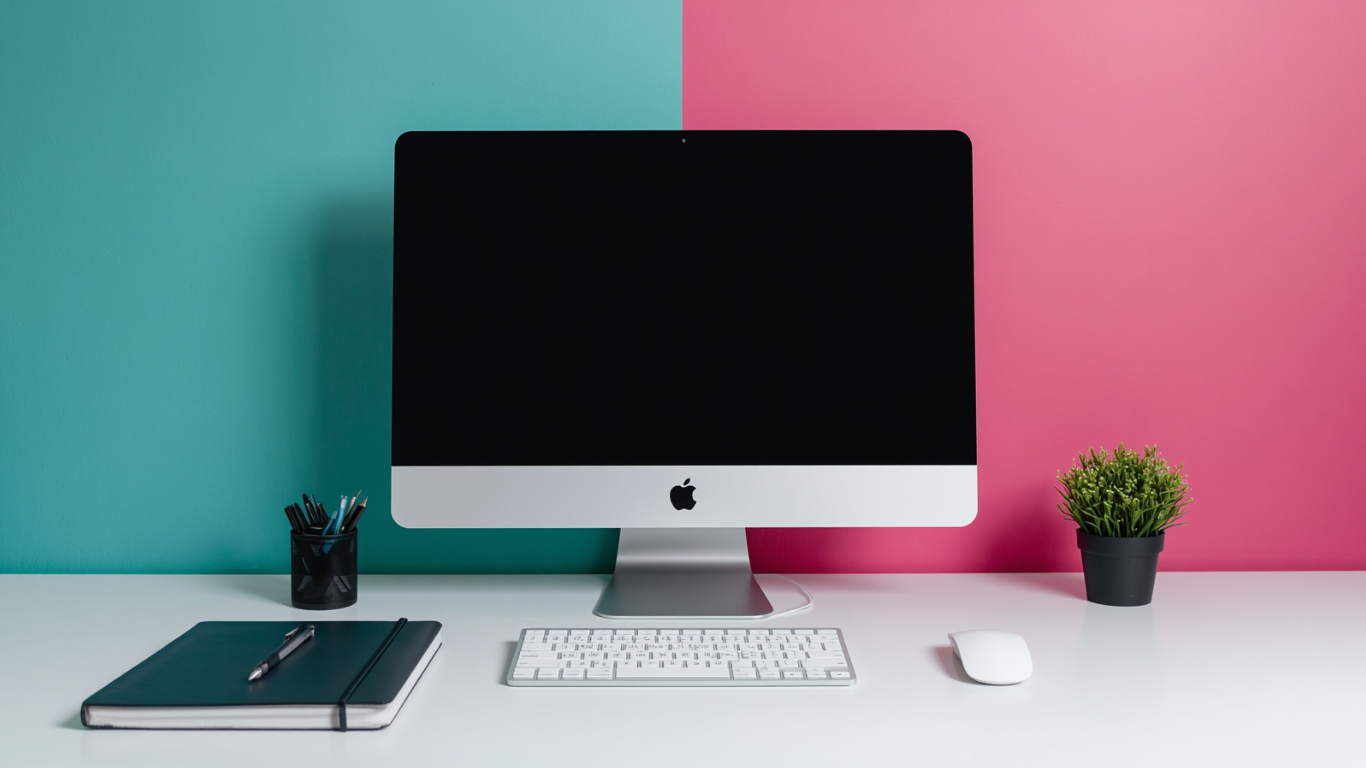 Desk with an iMac, keyboard, mouse, notebook, pen, and two potted plants, with a half teal and half pink background.