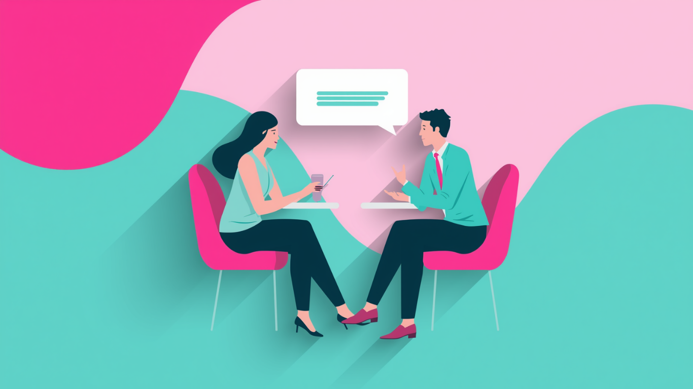 Two people sitting across from each other at a table, having a conversation. The woman is holding a phone and wearing high heels, while the man is gesturing with his hand. There is a speech bubble indicating dialogue.