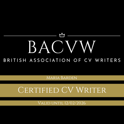 Certificate from the British Association of CV Writers for Maria Barden, valid until December 2, 2026.