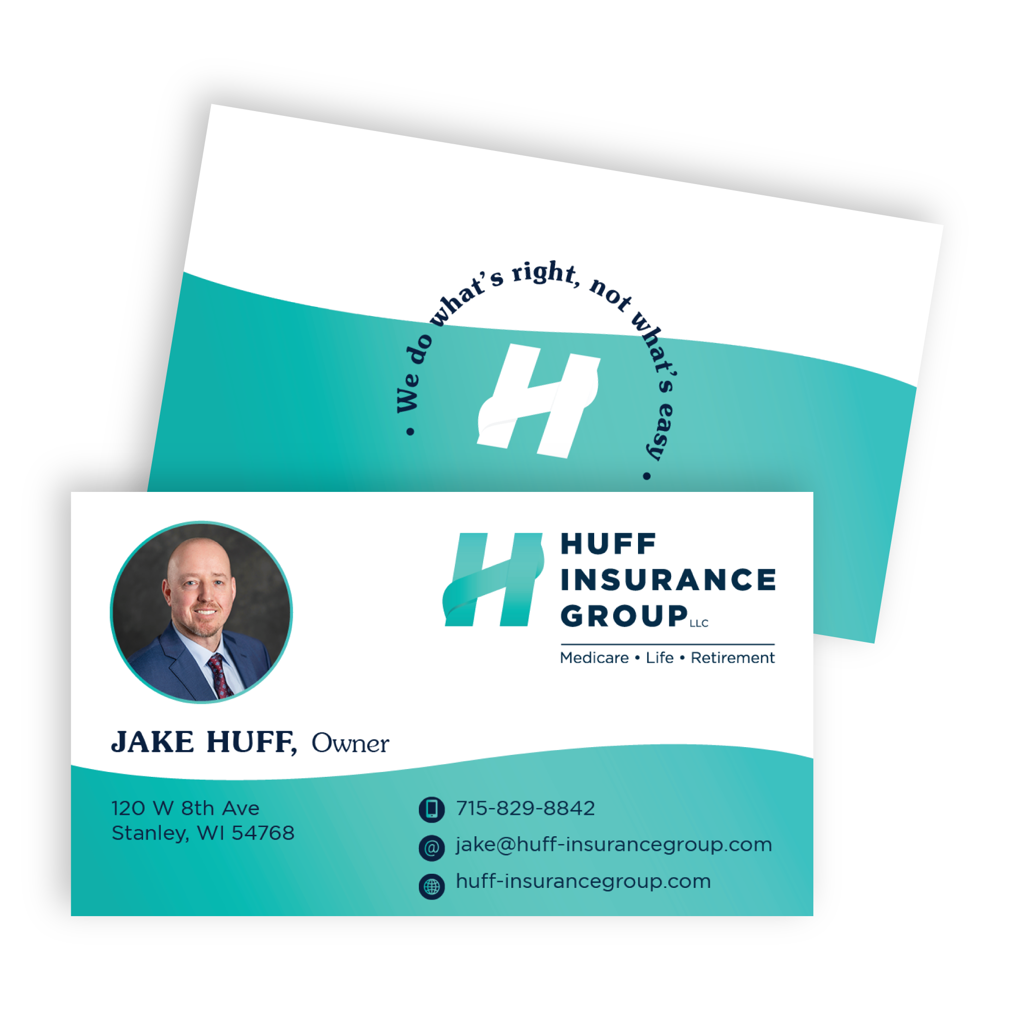 Mock up of a two sided business card design for Huff Insurance Company