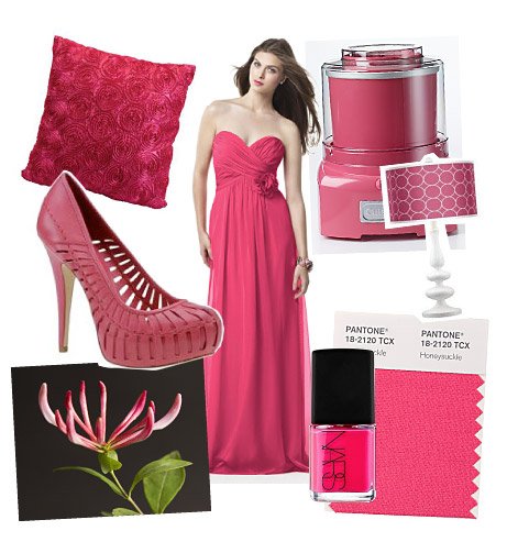 Honeysuckle dress, pillow, shoe, flower, makeup, nailpolish. Pantone color of the year 2011