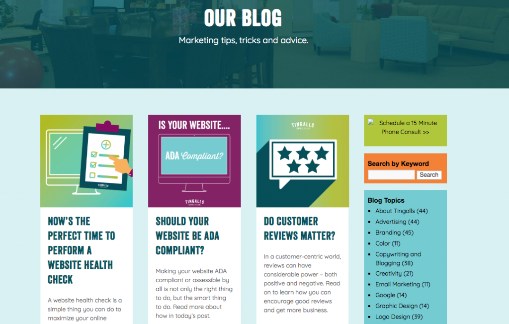 Screenshot of Tingalls Graphic Design blog on their website