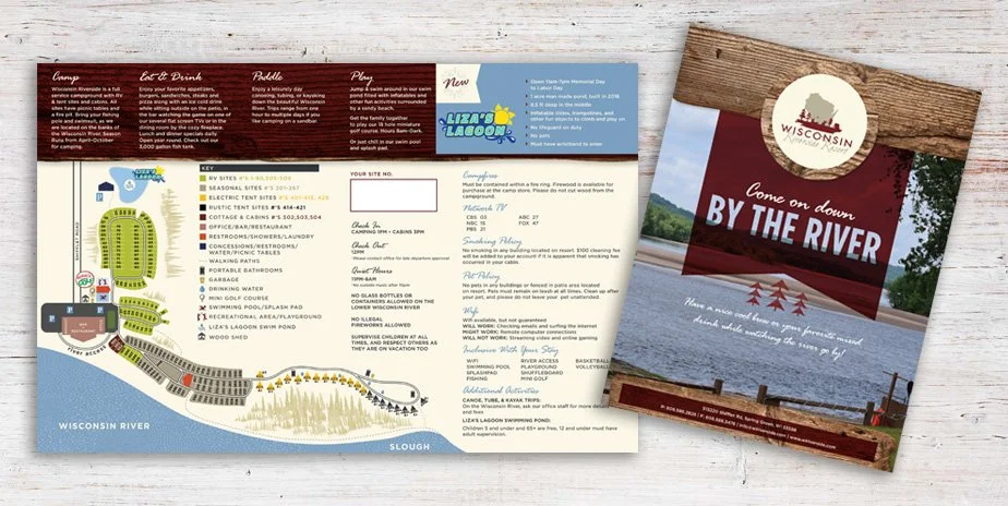 Mock up of a brochure map for Wisconsin Riverside Resort on a wooden texture