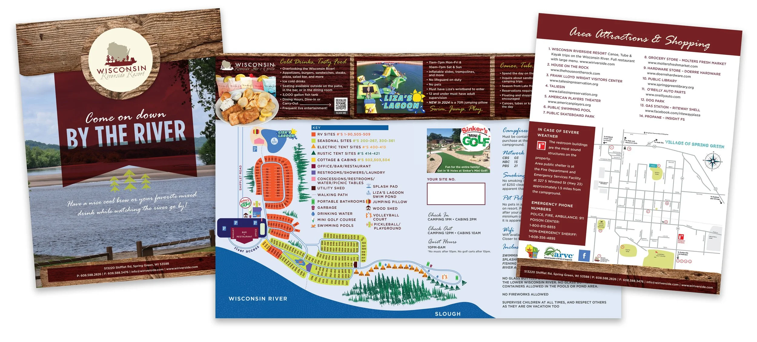 A promotional flyer for Wisconsin Riverside Resort showing river views, food, activities, a detailed campground map, and information about attractions, shopping, and safety rules at the resort.