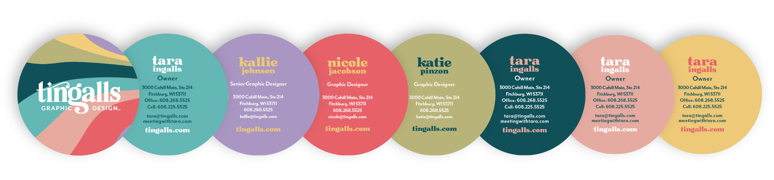 Row of multi-colored, circle business cards