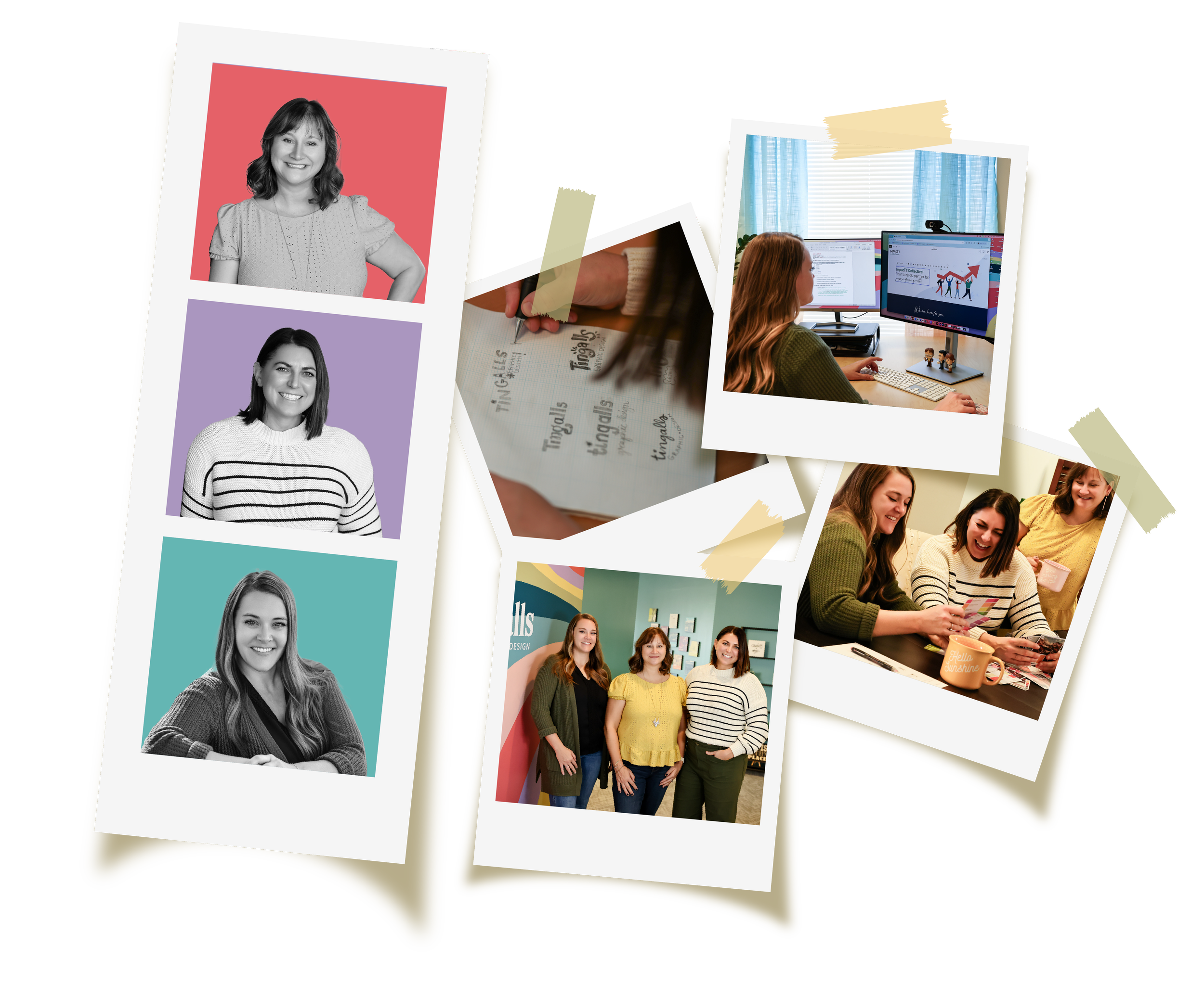 A collage of the staff of Tingalls graphic design includes headshots and team staff photos as polaroids.