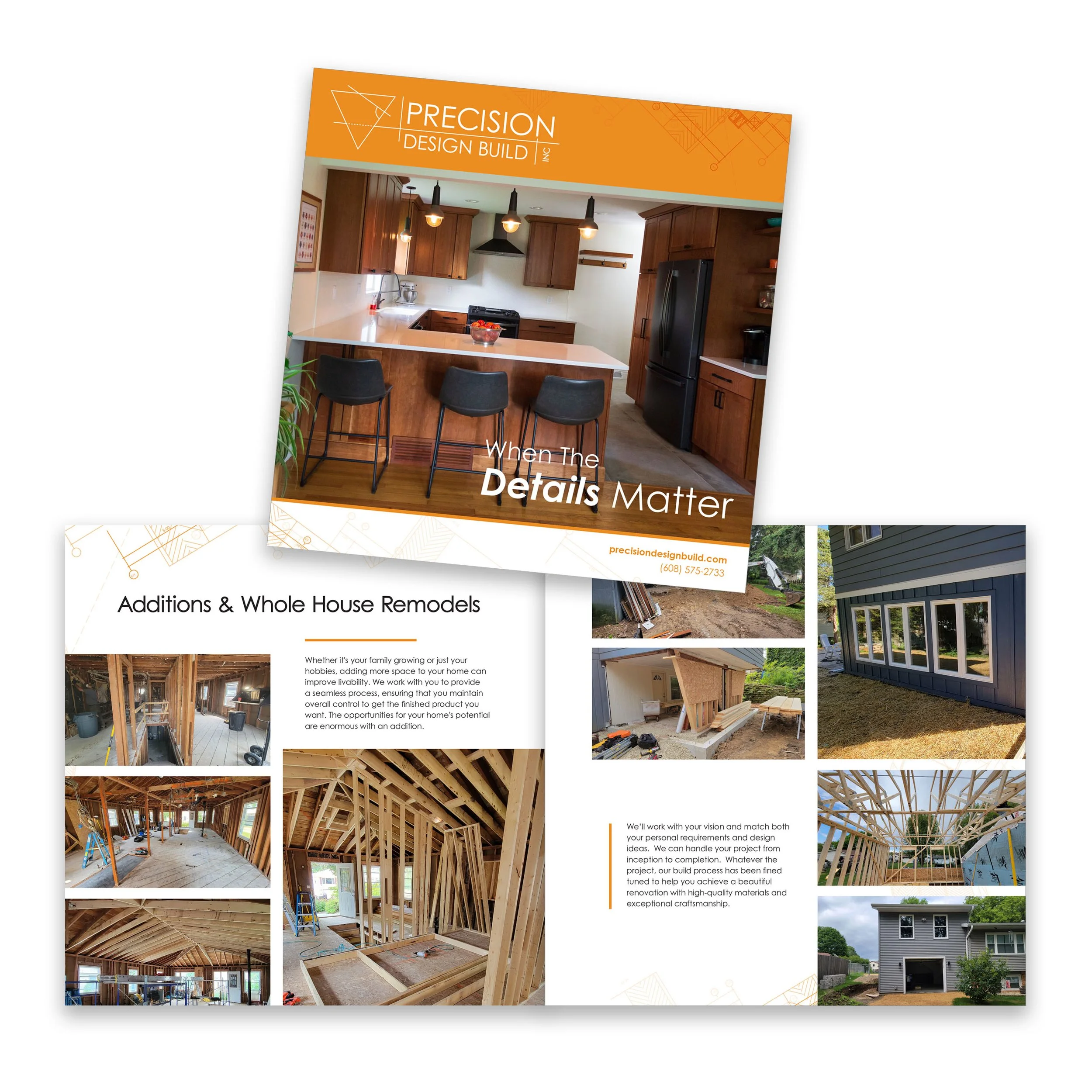 Brochure for Precision Design Build featuring a modern kitchen with wooden cabinets, a white countertop island, black bar stools, and pendant lighting. The brochure discusses house remodeling projects, including additions and renovations, with images of construction and completed homes.