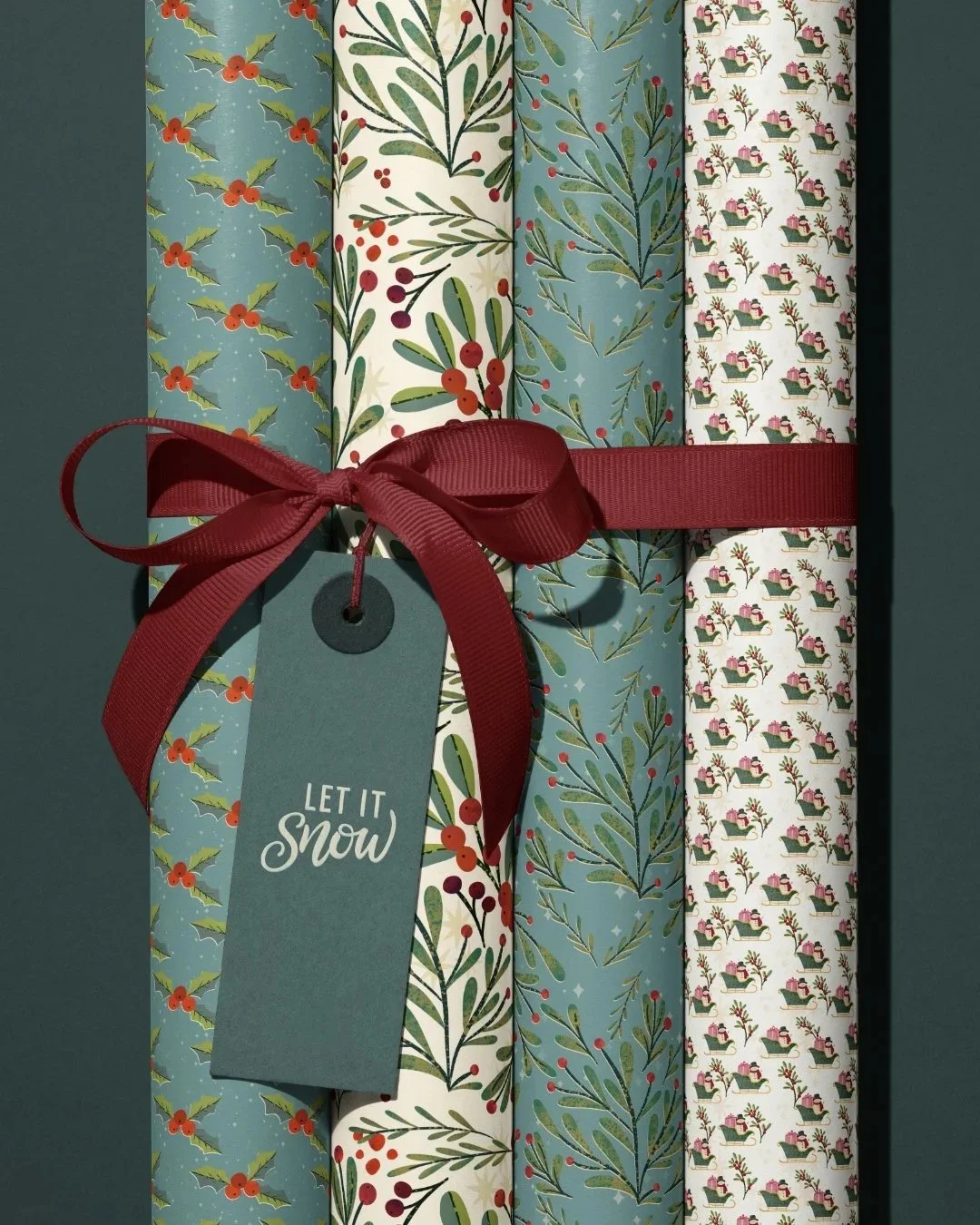wrapping paper, let it snow, snowman, sleigh, holiday sprigs, ribbon