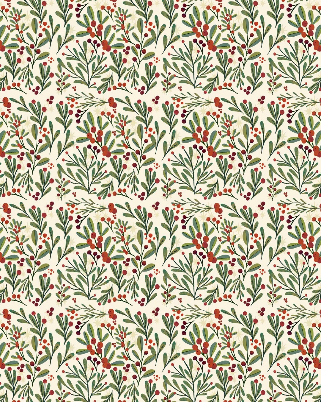 wrapping paper, holiday, sprigs, holly, berries