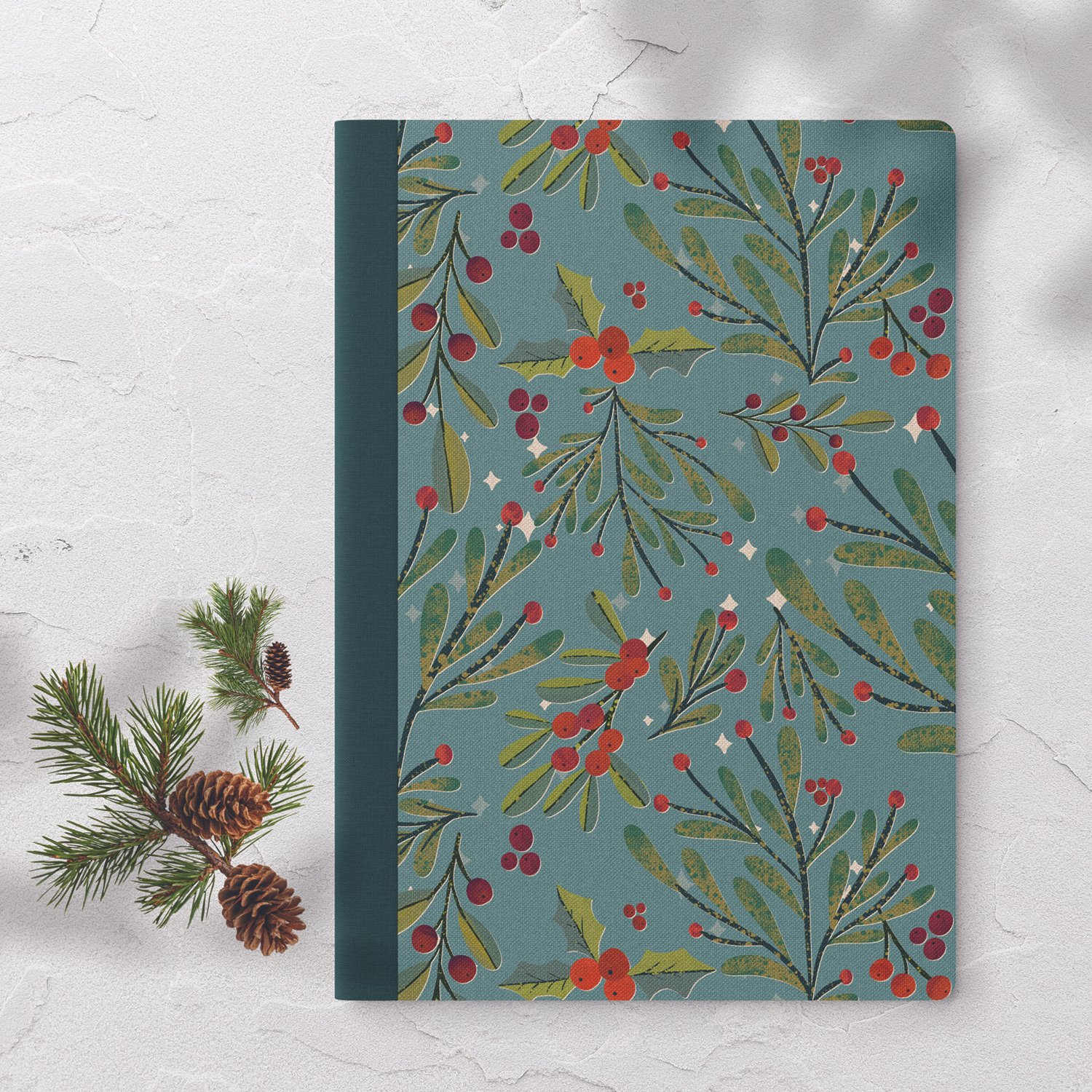 holly, Christmas, sparkle, art licensing, notebook