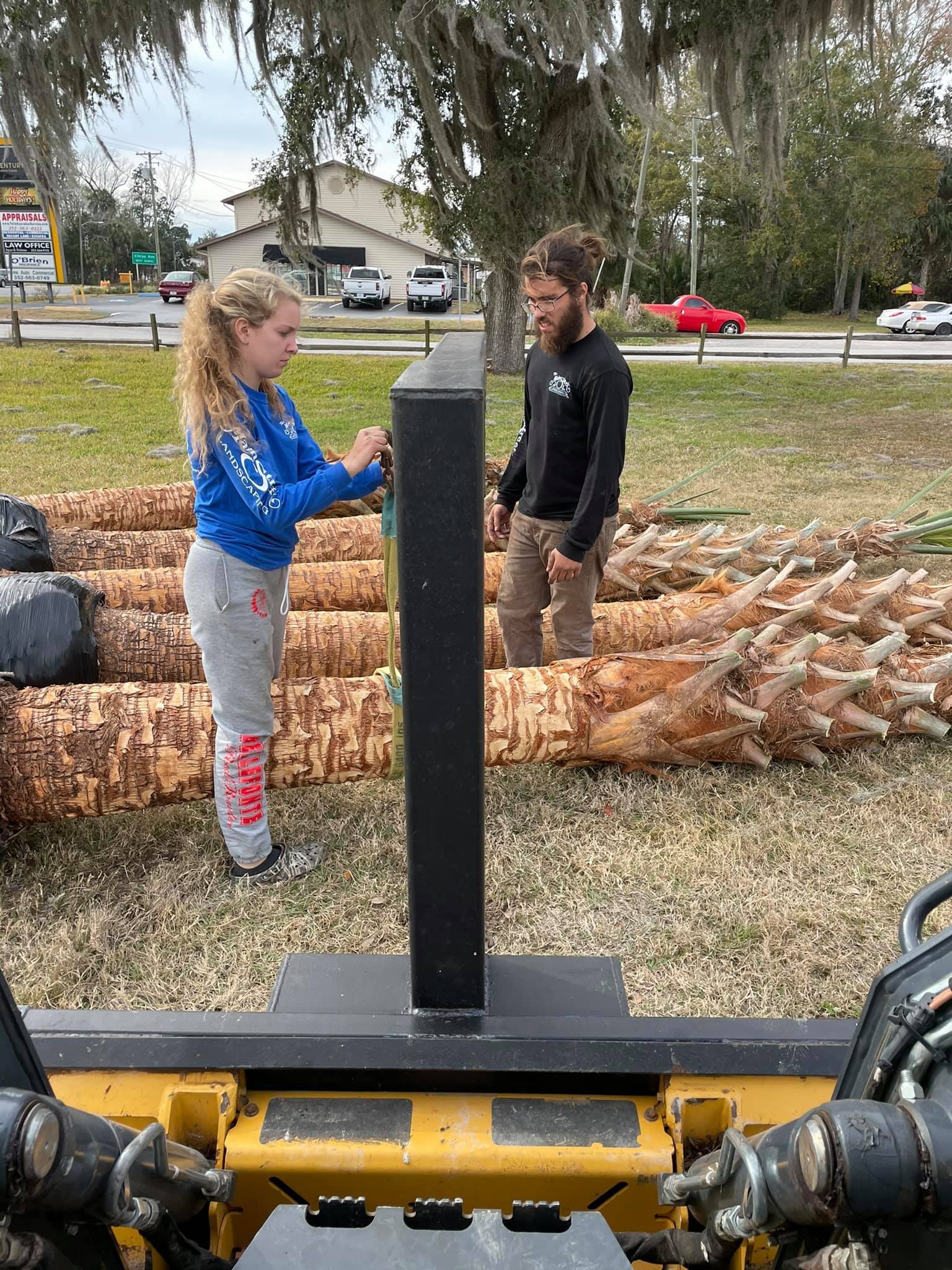 Main Street Landscaping crew Donalds son and daughter-in-law staging palm trees for commercial installation using heavy equipment on a Florida property